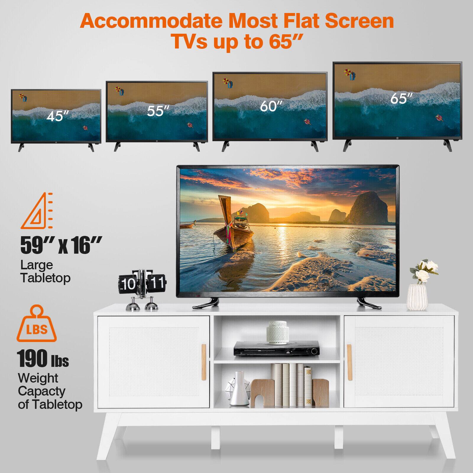 Accommodate Most Flat Screen TVs up to 65" 45" 55" 60" 65" 59" X 16" Large Tabletop 10 11 LBS 190 lbs Weight Capacity of Tabletop