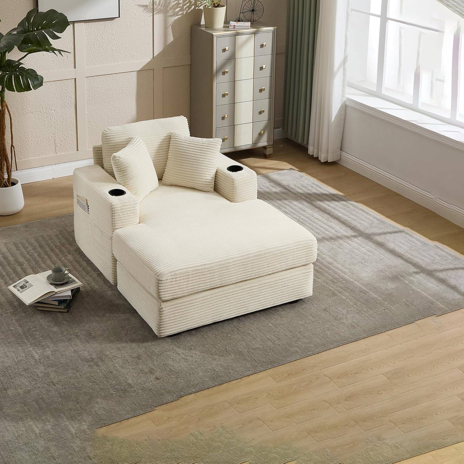 Alt View 3. Trinkets Crazed - Corduroy Chaise Lounge Chair Indoor, Comfy Fluffy Single Sleeper Sofa with Cup Holders and Pockets - beige.