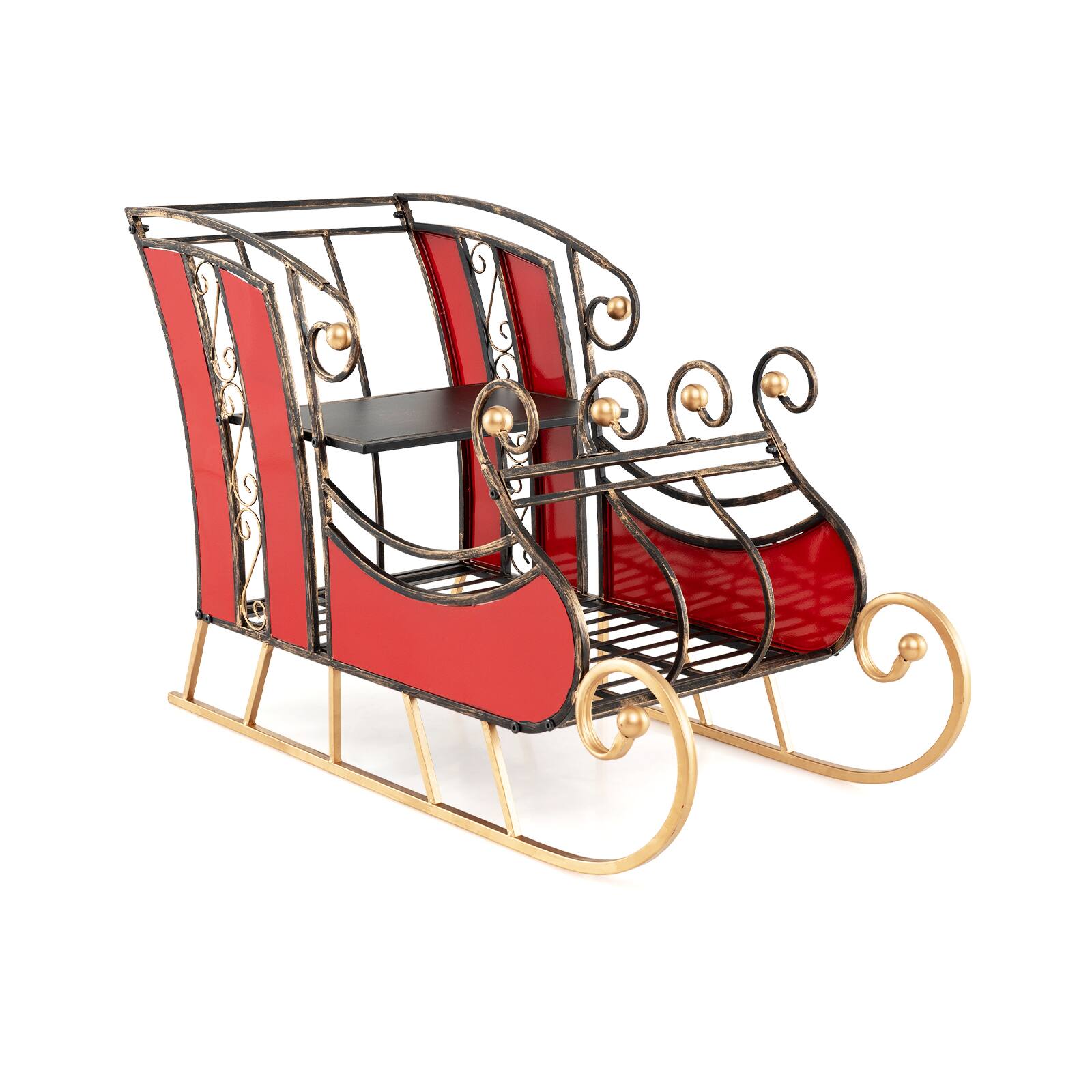 Front. WELLFOR - Metal Christmas Santa Sleigh Decoration with 2-Tier Storage Shelves - Red.