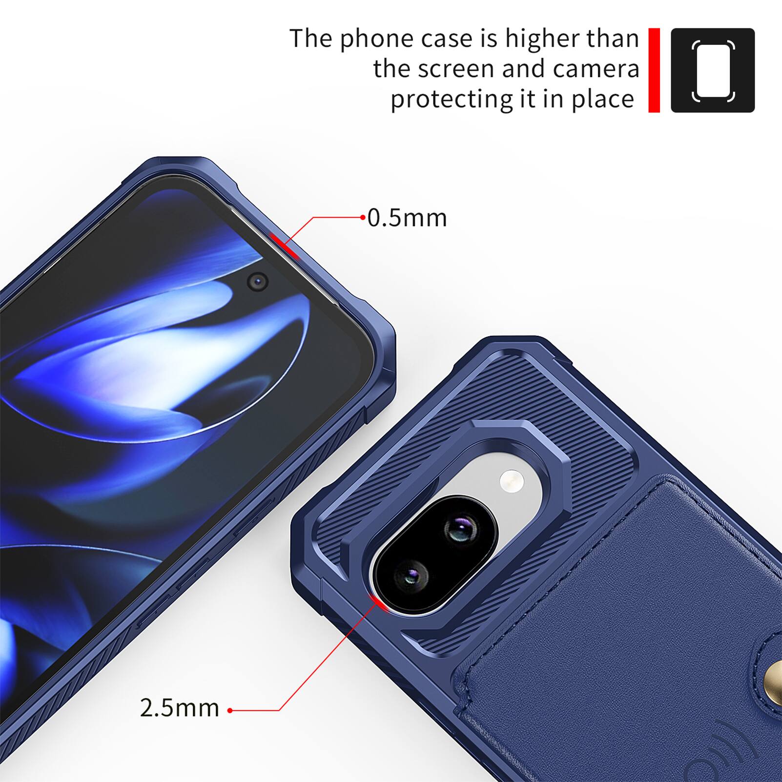 The phone case is higher than the screen and camera protecting it in place.

0.5mm

2.5mm
