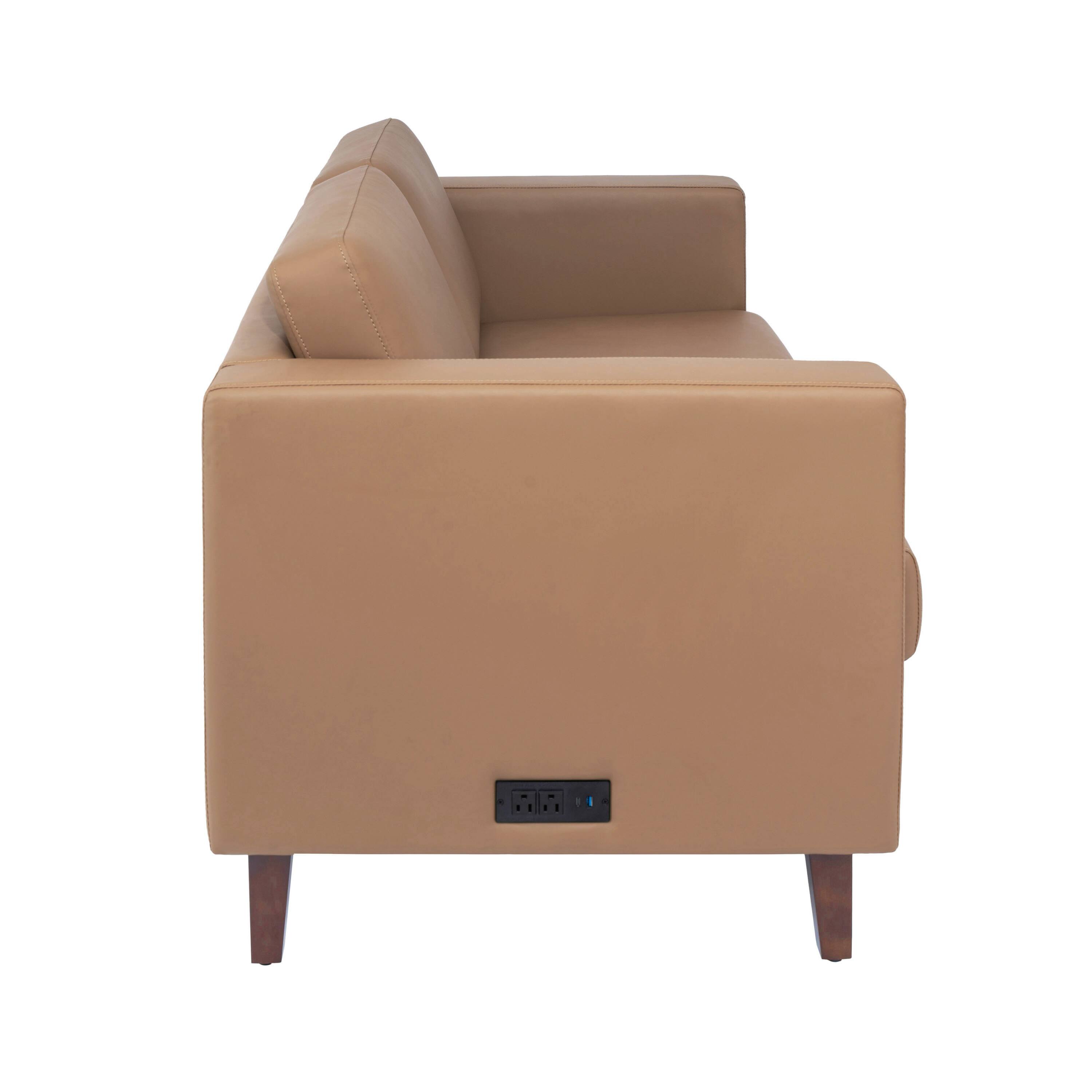 Left. Flash Furniture - HERCULES Artemis Cognac LeatherSoft Reception Loveseat with 2 AC Outlets/1 USB/1 USB-C Ports and Solid Wood Walnut Legs - Brown.