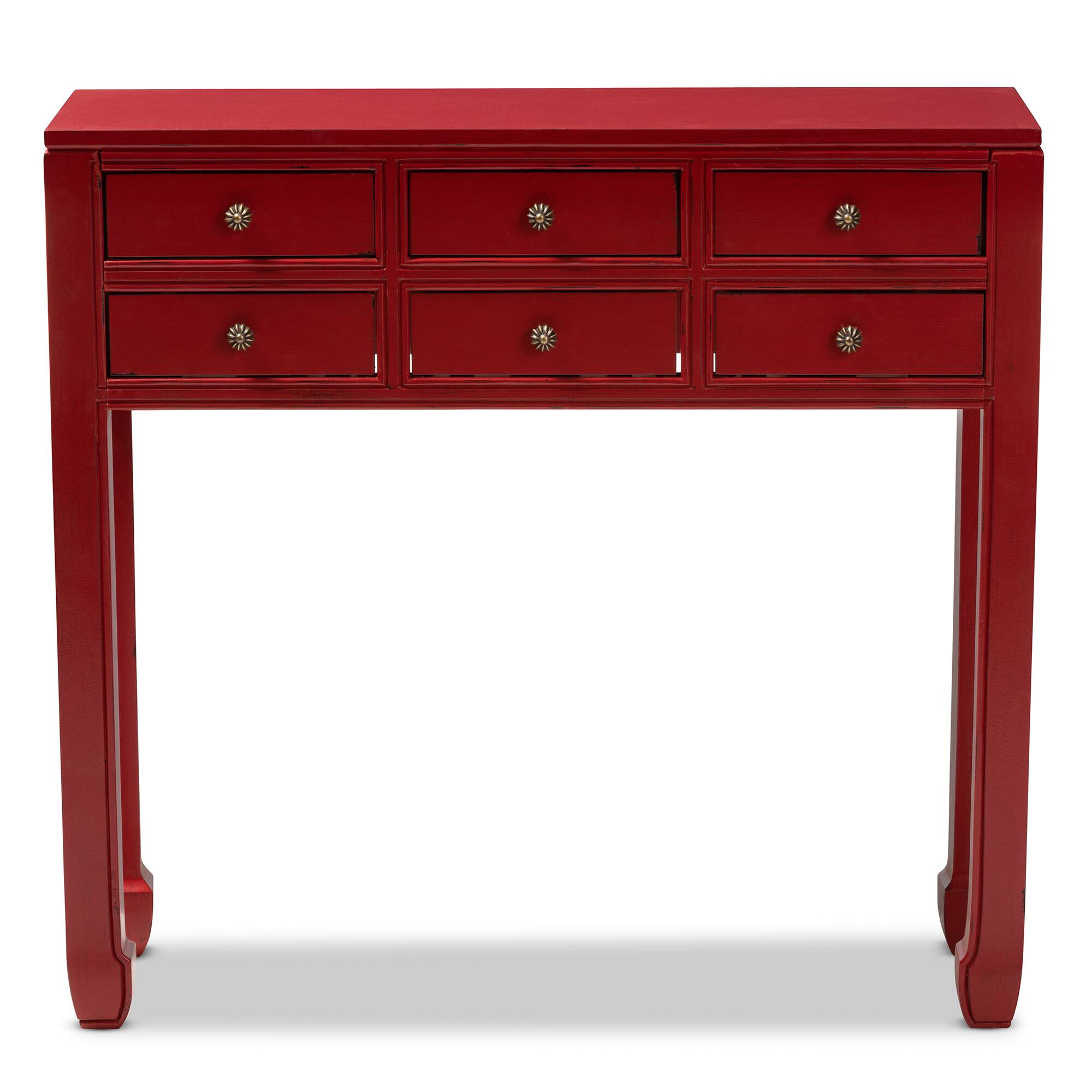 Left. Baxton Studio - Pomme Classic and Antique Finished Wood Bronze Finished Accents 6-Drawer Console Table - Red.