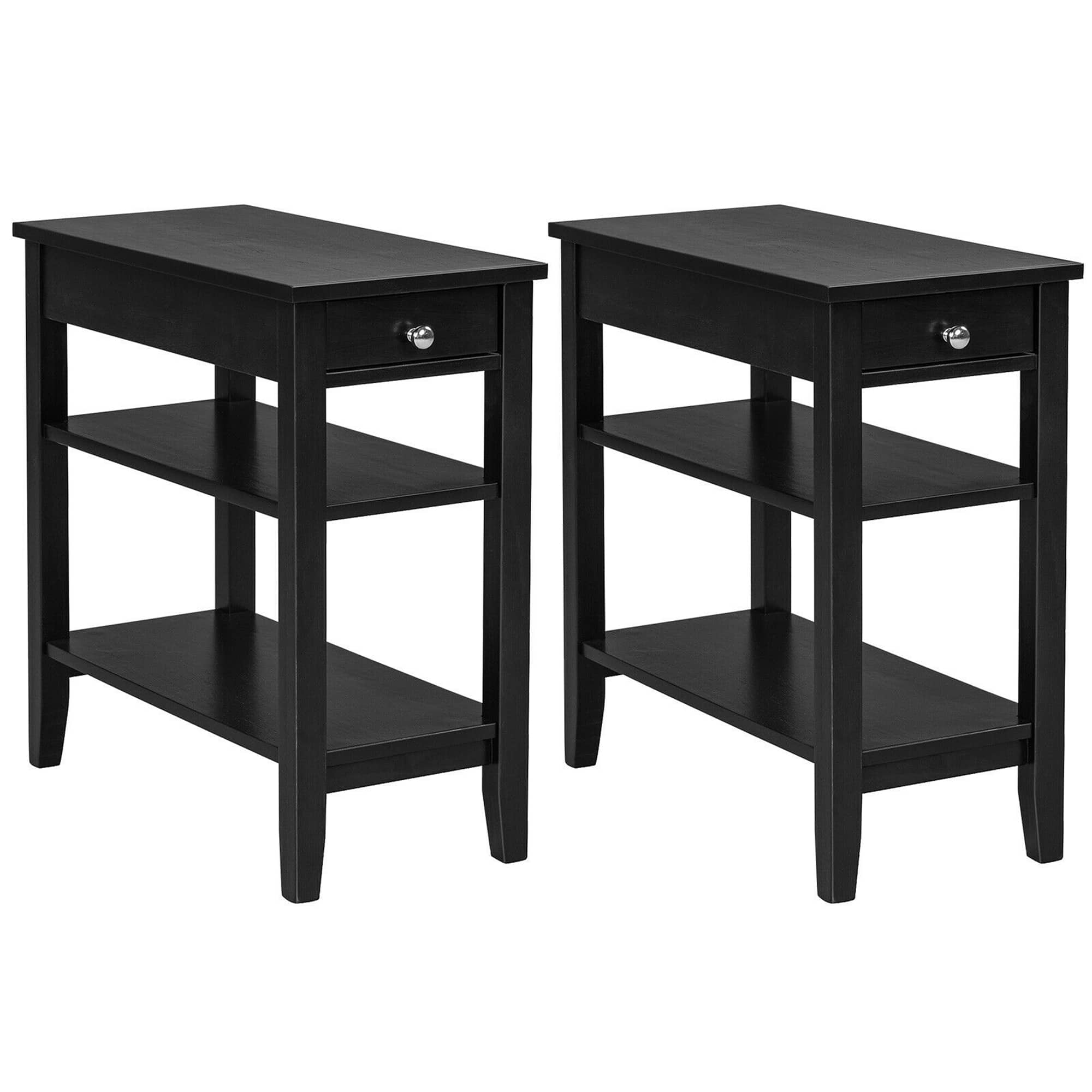 Gymax - 2PCS 3-Tier End Table Sofa Side Table Nightstand w/ Shelf & Drawer - Black