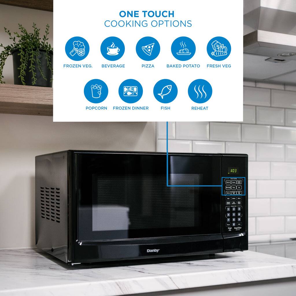 ONE TOUCH COOKING OPTIONS:

1. Frozen Vegetables
2. Beverage
3. Pizza
4. Baked Potato
5. Fresh Vegetables
6. Popcorn
7. Frozen Dinner
8. Fish
9. Reheat
10. 203 = 1
11. Danby