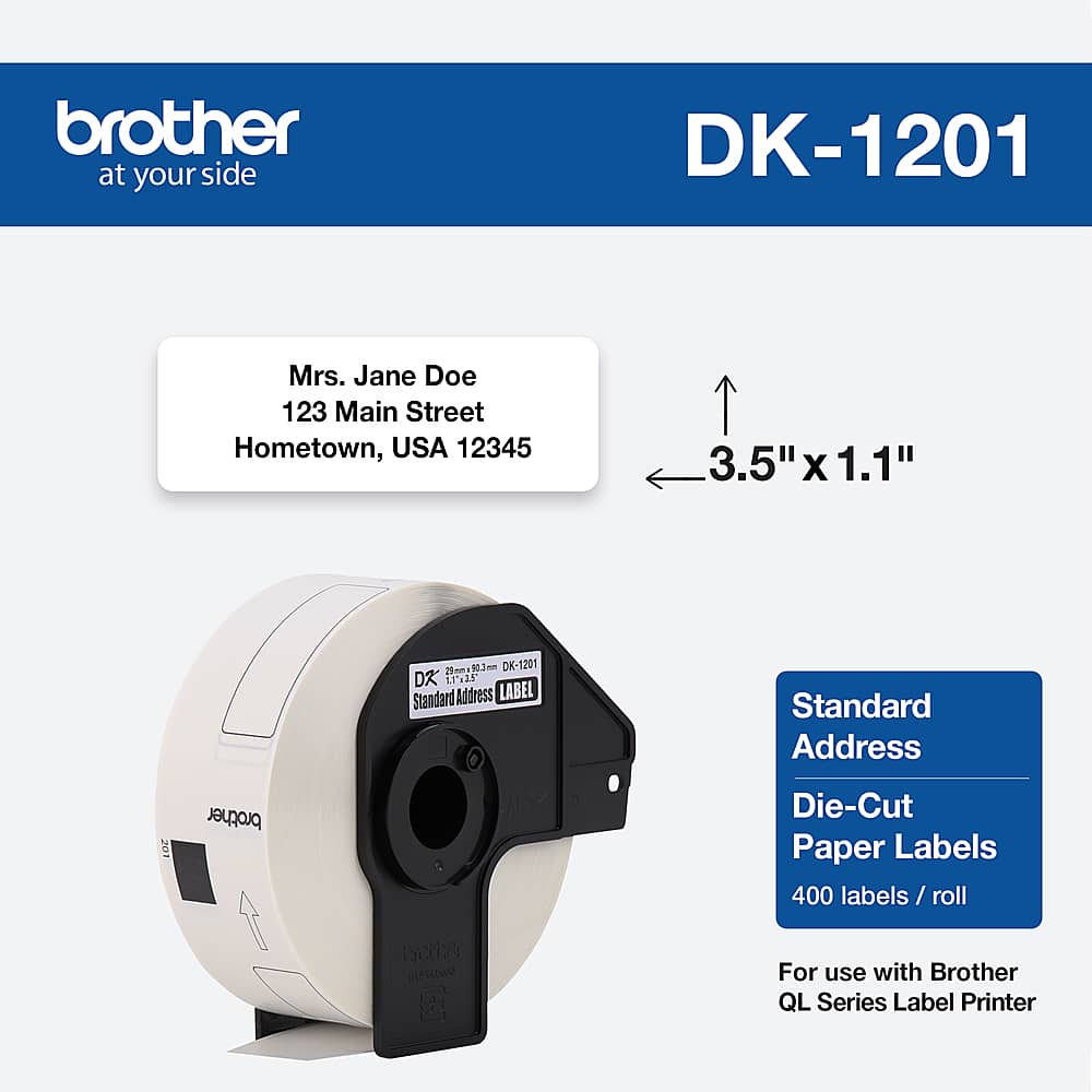 Front. Brother - DK-1201 1.1 in x 3.5 in (29 mm x 90.3 mm) Standard Address Paper Labels (400 labels) - White.