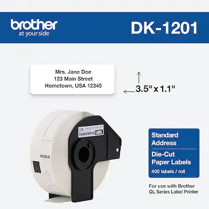 Front. Brother - DK-1201 1.1 in x 3.5 in (29 mm x 90.3 mm) Standard Address Paper Labels (400 labels) - White.
