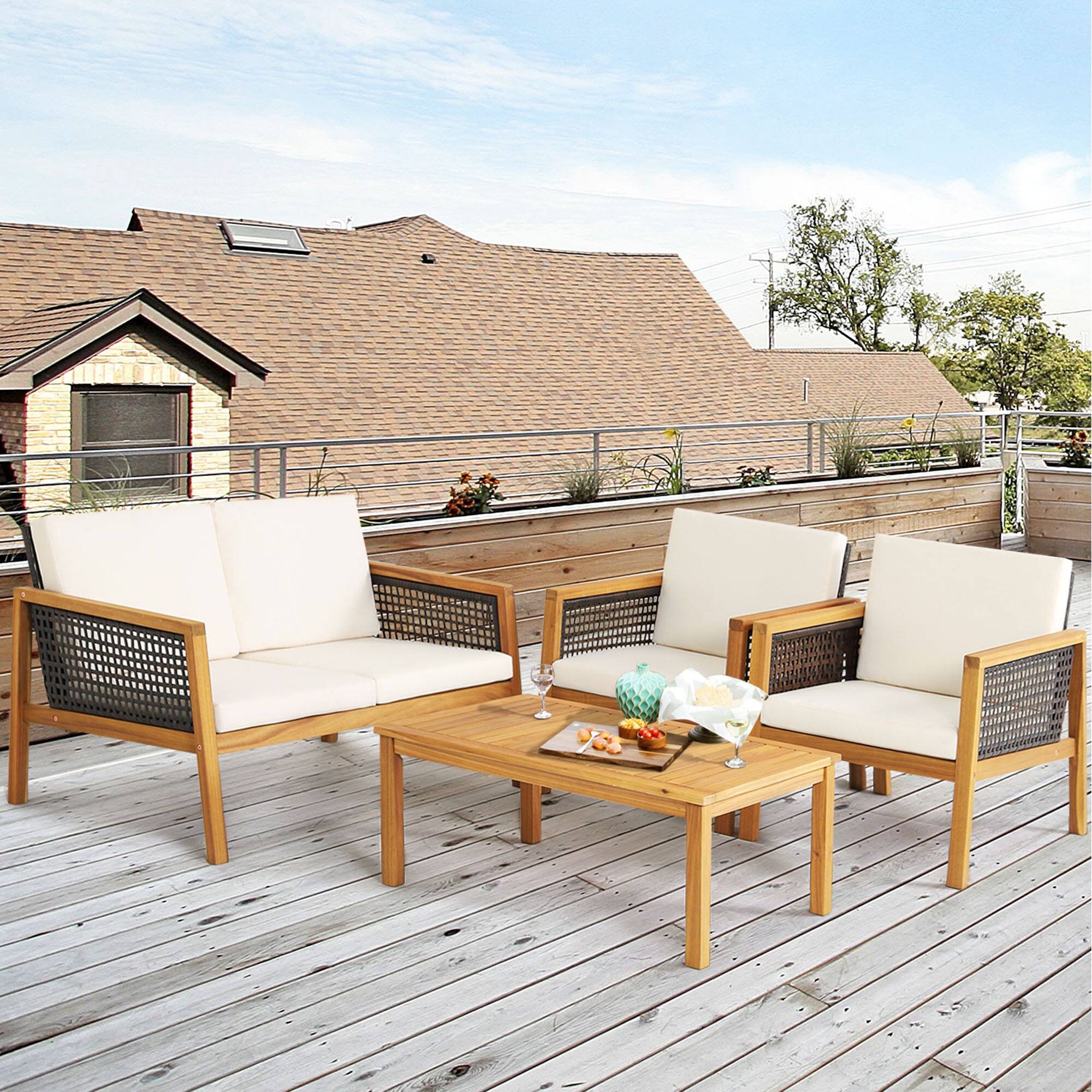 Alt View 4. Gymax - Gymax 8PCS Patio Acacia Wood Furniture Set PE Rattan Conversation Set w/ Off White Cushions - Off White.