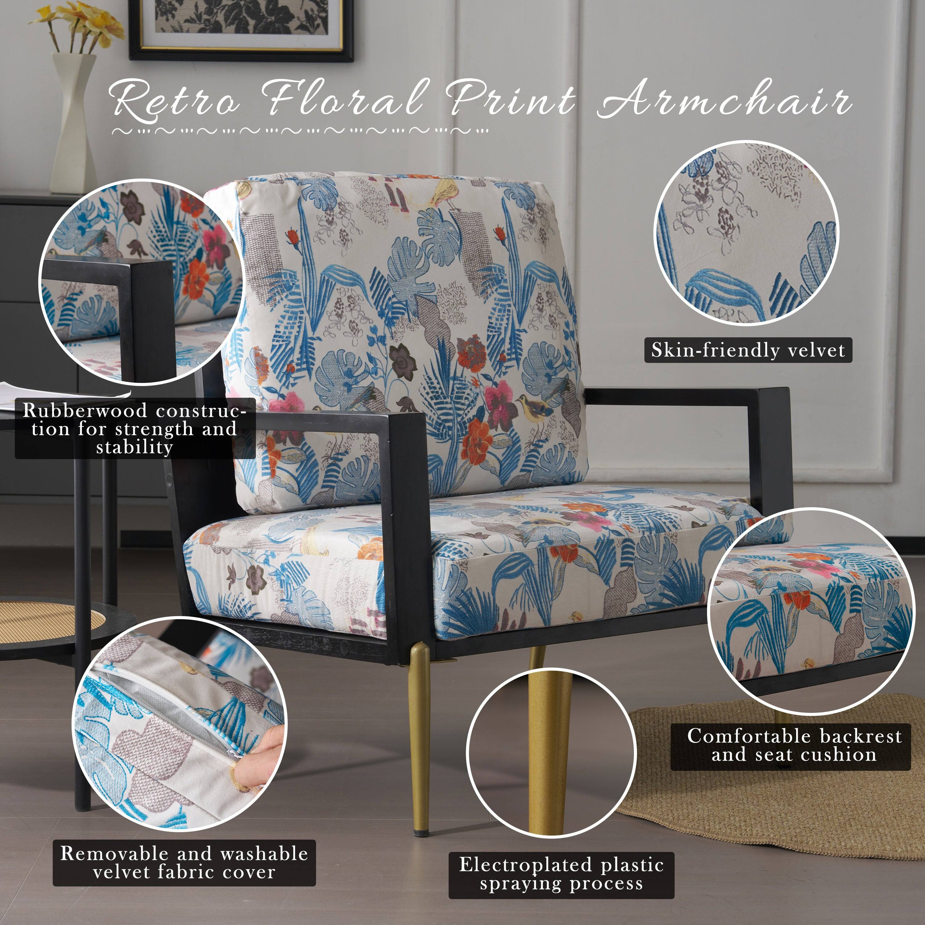 Retro Floral Print Armchair

- Rubberwood construction for strength and stability
- Skin-friendly velvet
- Comfortable backrest and seat cushion
- Removable and washable velvet fabric cover
- Electroplated plastic spraying process