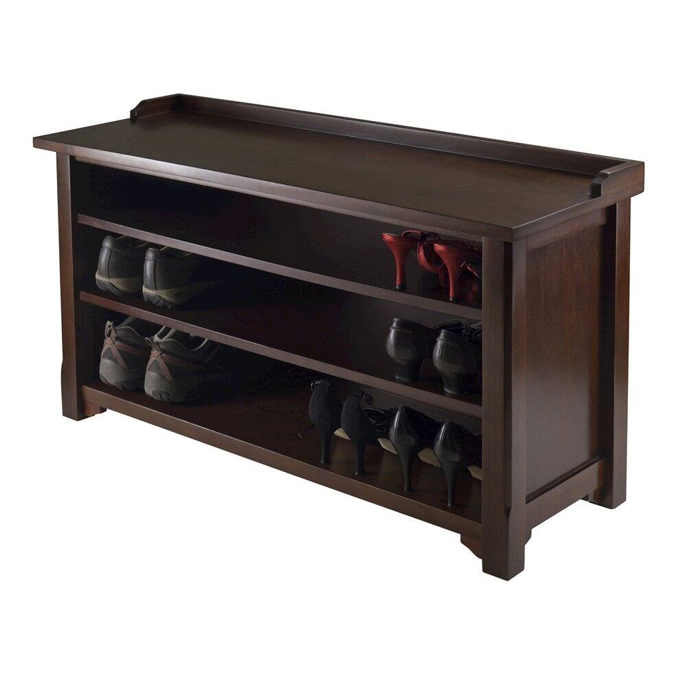 Front. FurniFact - Antique Walnut Entryway Bench with Shoe Storage – Compact & Functional - Walnut.