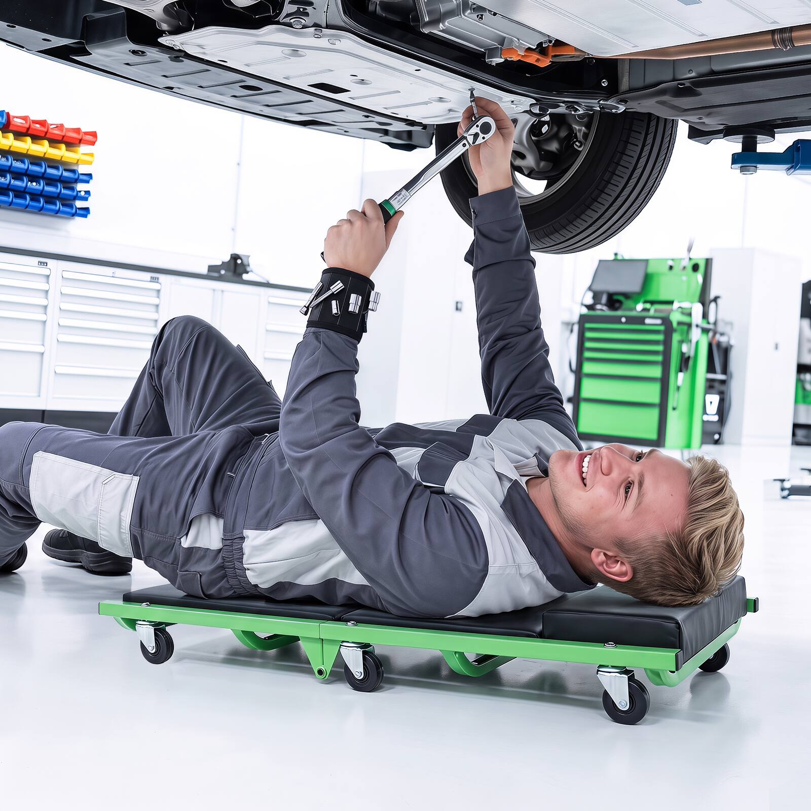 Alt View 3. Costway - Costway Foldable Automotive Creeper with 360° Swivel Wheels, Thick Padded Cushion for Shop - Black & Green.