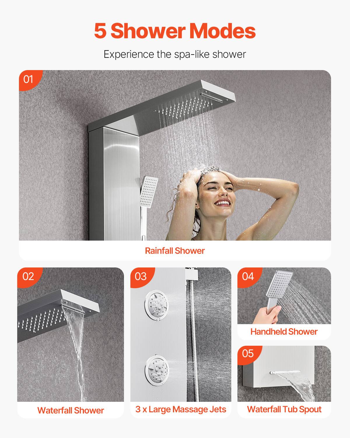5 Shower Modes  
Experience the spa-like shower  

01 Rainfall Shower  
02 Waterfall Shower  
03 3 x Large Massage Jets  
04 Handheld Shower  
05 Waterfall Tub Spout