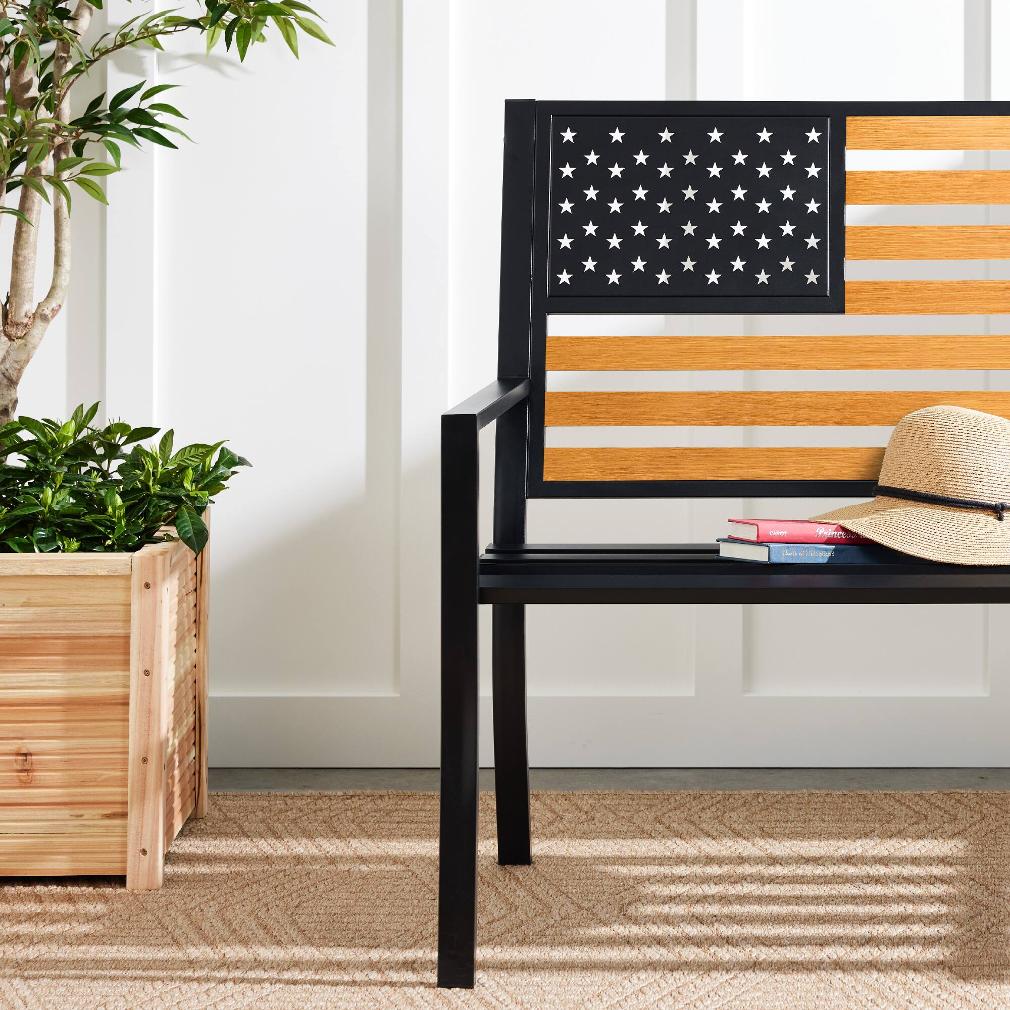 Alt View 2. Best Choice Products - Best Choice Products Indoor Outdoor Steel Garden Bench w/ American Flag Backrest, 790lb Capacity - Black/Wood - black/wood.