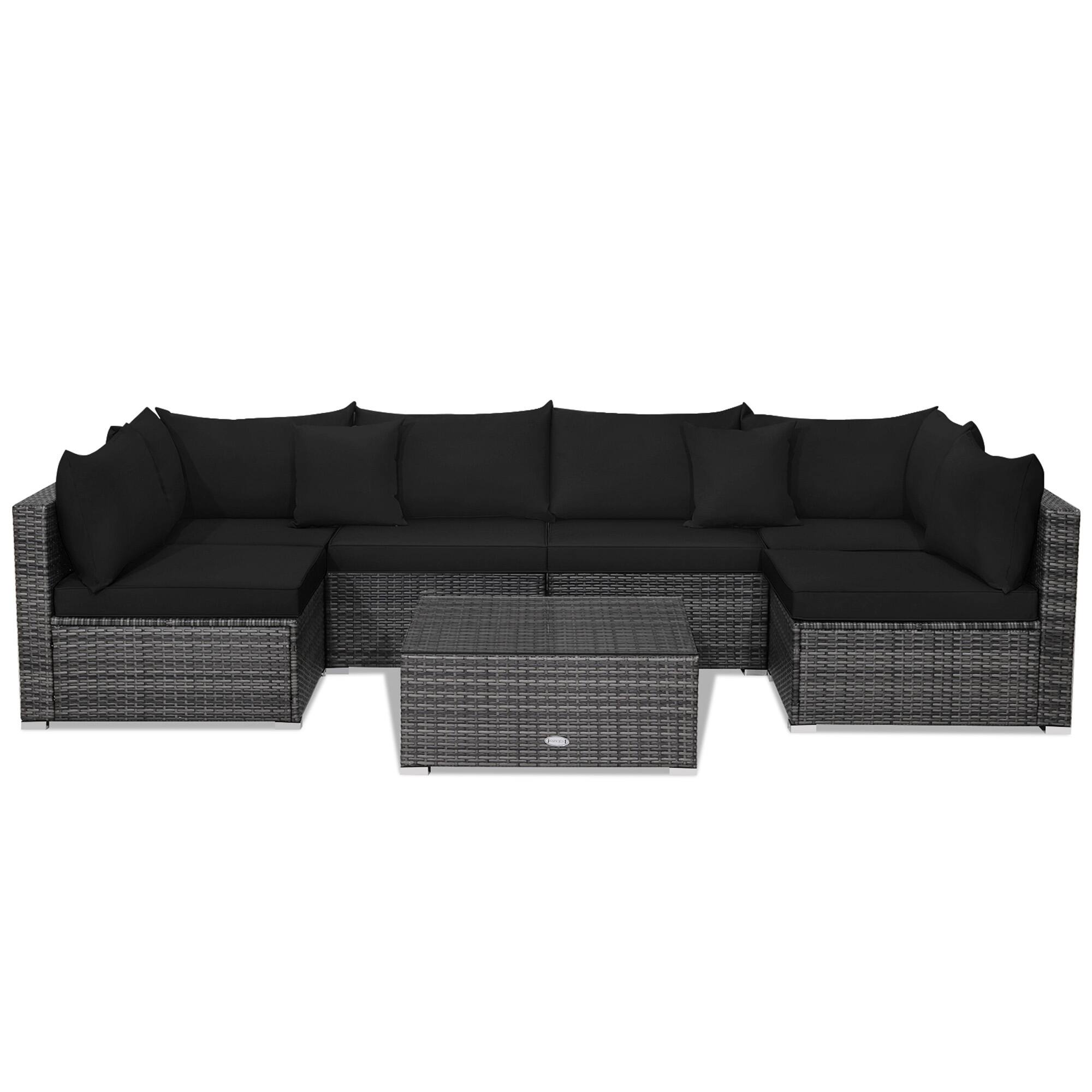 Alt View 1. Gymax - Gymax 7PCS Patio Rattan Sectional Sofa Set Outdoor Furniture Set w/ Black Cushions - Black.