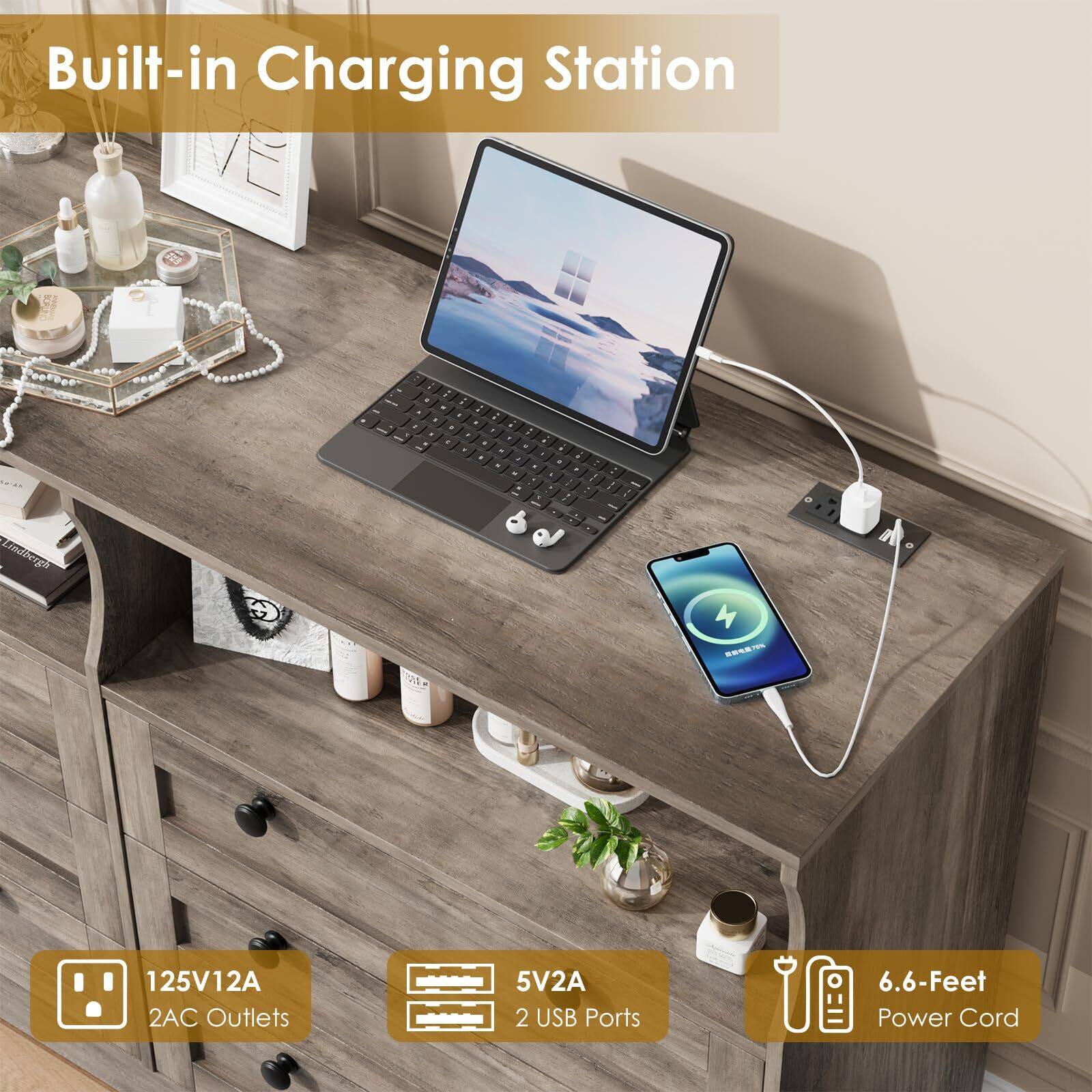 Built-in Charging Station

125V12A 2AC Outlets

5V2A 2 USB Ports

6.6-Feet Power Cord
