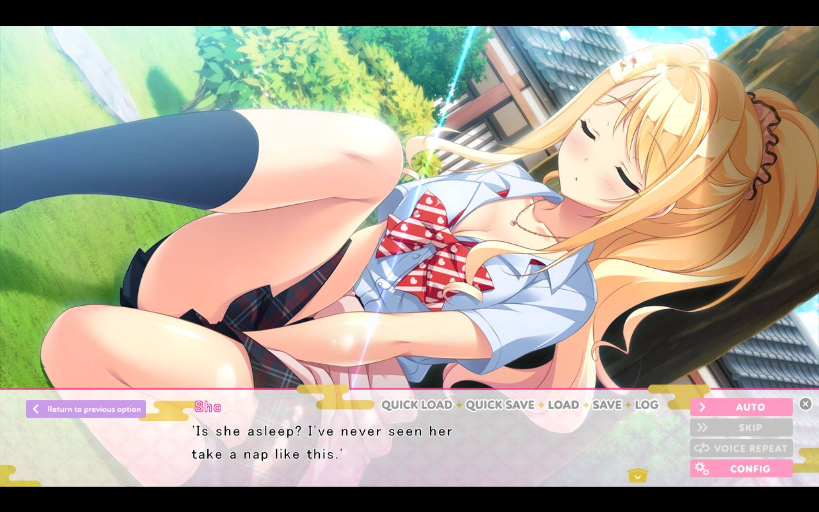 Return to previous option  
Sho  
'Is she asleep? I've never seen her take a nap like this.'  
QUICK LOAD + QUICK SAVE + LOAD + SAVE + LOG  
AUTO  
SKIP  
VOICE REPEAT  
CONFIG
