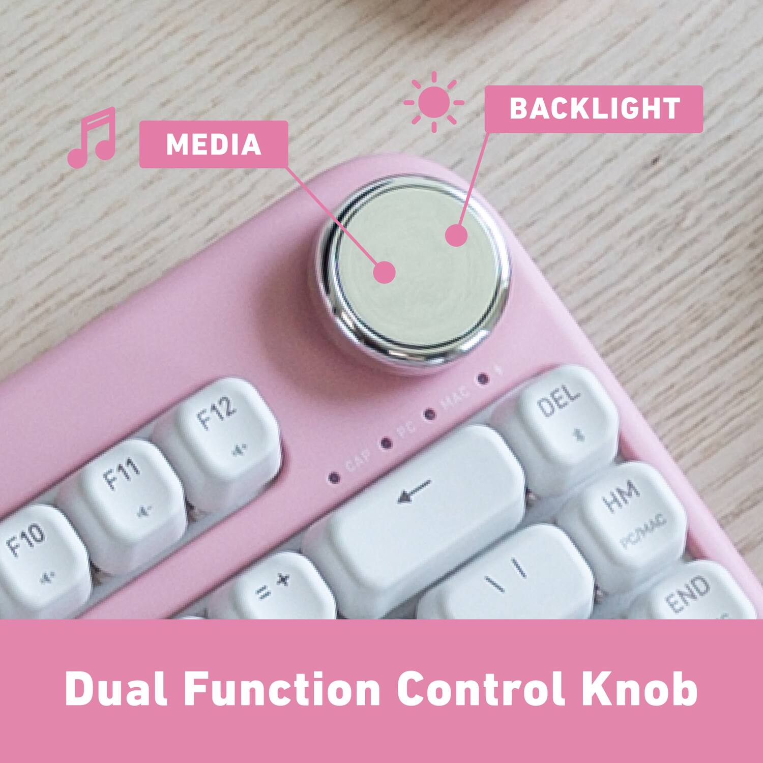 MEDIA BACKLIGHT  
F10 * F11 +- F12 . + = CAP PC MAC DEL  
HM PC/MAC I - END  
Dual Function Control Knob