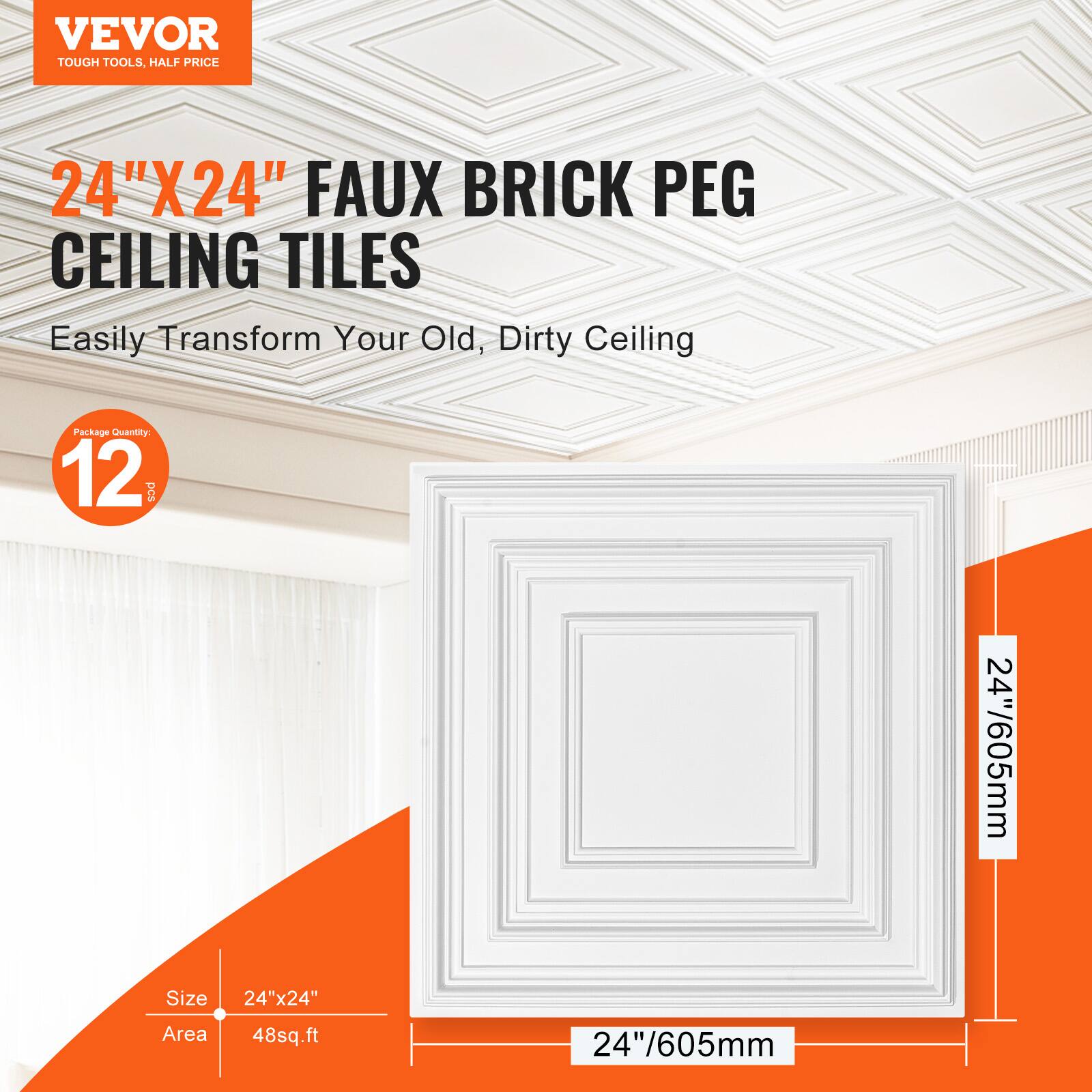 VEVOR TOUGH TOOLS, HALF PRICE

24"X24" FAUX BRICK PEG CEILING TILES

Easily Transform Your Old, Dirty Ceiling

Package Quantity: 12

Size: 24"x24"
Area: 48 sq.ft

24"/605mm
