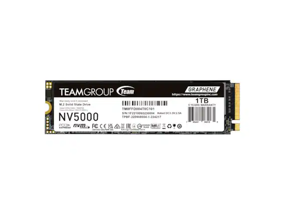 Team GRAPHENE
TEAMGROUP
https://www.teamgroupinc.com
1TB
5 YEARS WARRANTY
Warranty void if removed
M.2 Solid State Drive
NV5000
PCI EXPRESS
NVMe
TM8FFD004TC101
S/N: 1F2210060230004
Rated: DC3.3V, 2.5A
TPBF-220908004-1-224217
Taiwan Utility Patent / M428748
China Utility Patent / CN21719922U
CE
FCC
ICES-003/IC/NMB-30
RoHS COMPLIANT
65441 06518 5