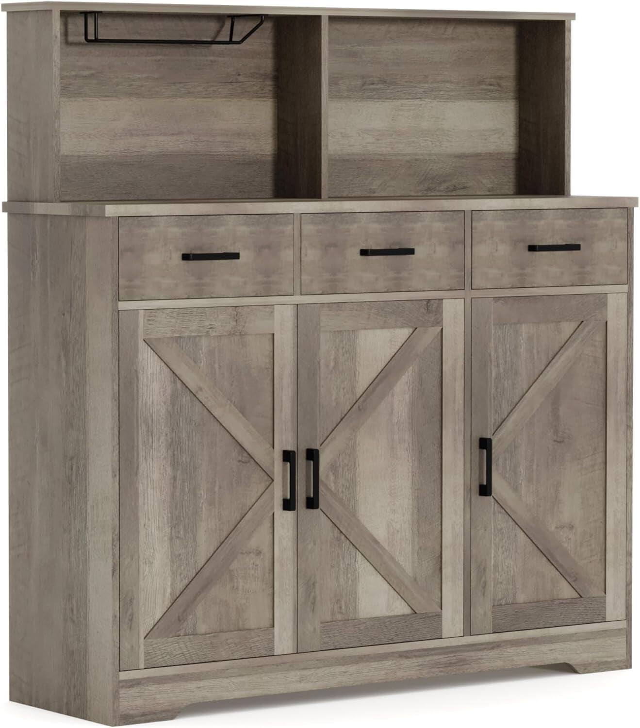 Alt View 2. Qeetex - Grey Microwave Cabinet with 3 Drawers, Modern Kitchen Storage Stand with Doors - Gray.