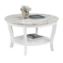 Convenience Concepts - American Heritage Round Coffee Table with Shelf - White Faux Marble/White