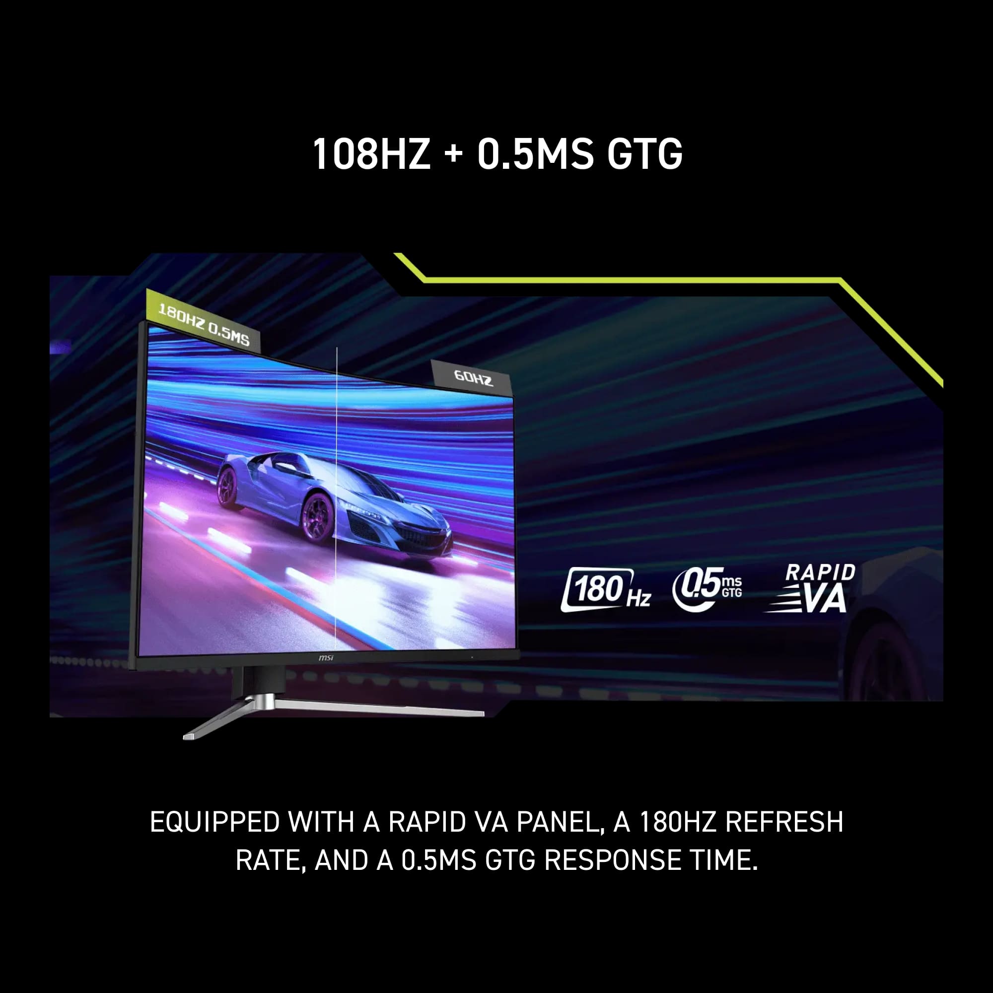 The text on the image is grouped and corrected as follows:

"Equipped with a rapid VA panel, a 180Hz refresh rate, and a 0.5ms GTG response time."