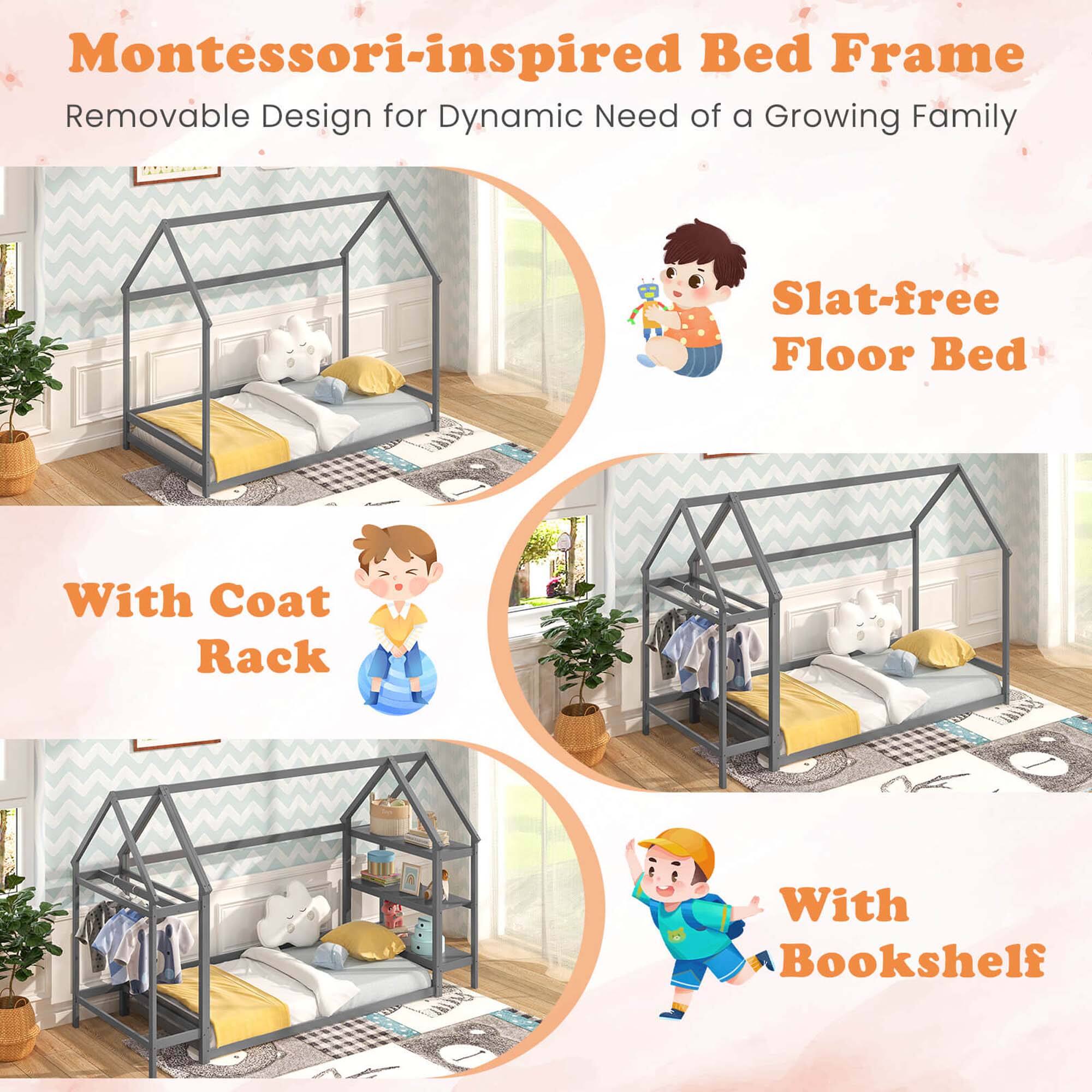 Montessori-inspired Bed Frame Removable Design for Dynamic Need of a Growing Family Slat-free Floor Bed With Coat Rack With Bookshelf