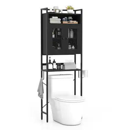 Front. Gymax - Gymax Over The Toilet Cabinet Bathroom Toilet Storage Organizer w/ Double Door Cabinet - Black.