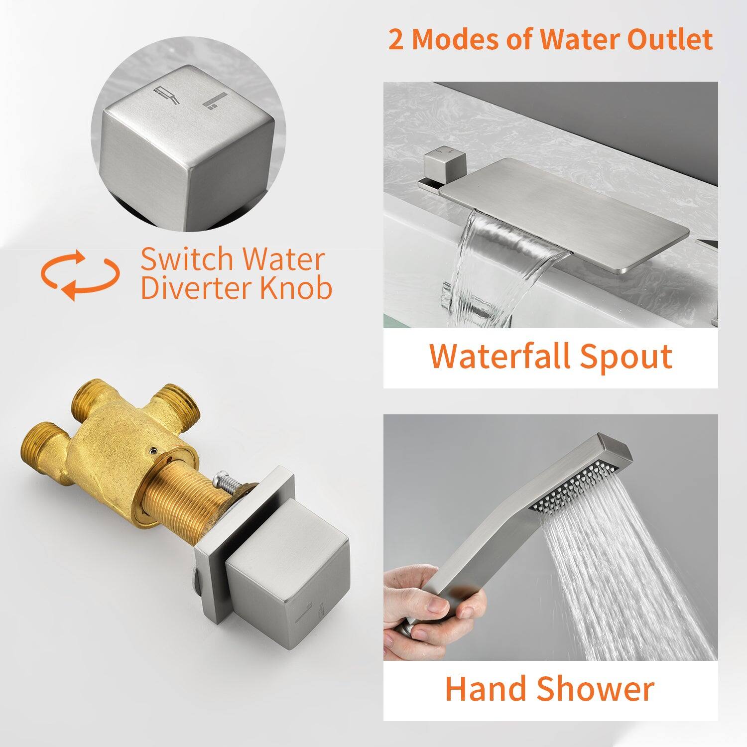 2 Modes of Water Outlet

Switch Water Diverter Knob

Waterfall Spout

Hand Shower