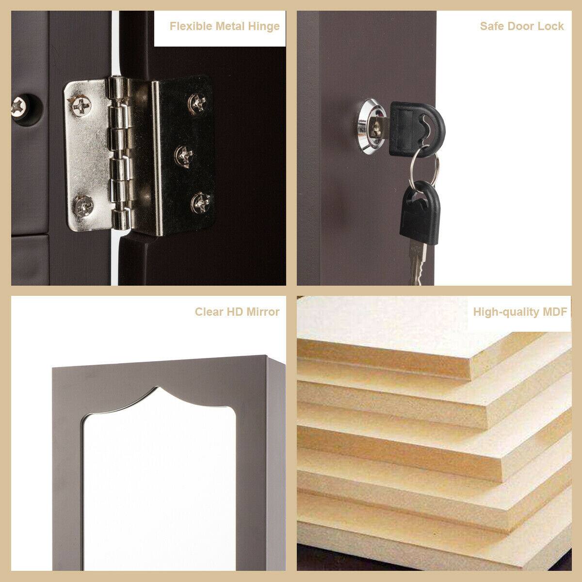 - Flexible Metal Hinge
- Safe Door Lock
- Clear HD Mirror
- High-quality MDF