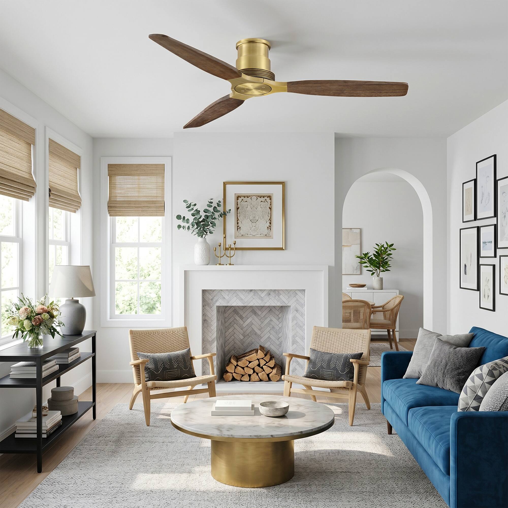 Angle. Parrot Uncle - 56" Mid Centry 3 Solid Wood Blades Flush Mount Lightweight Ceiling Fan with Remote, No Light - Vintage Brass.
