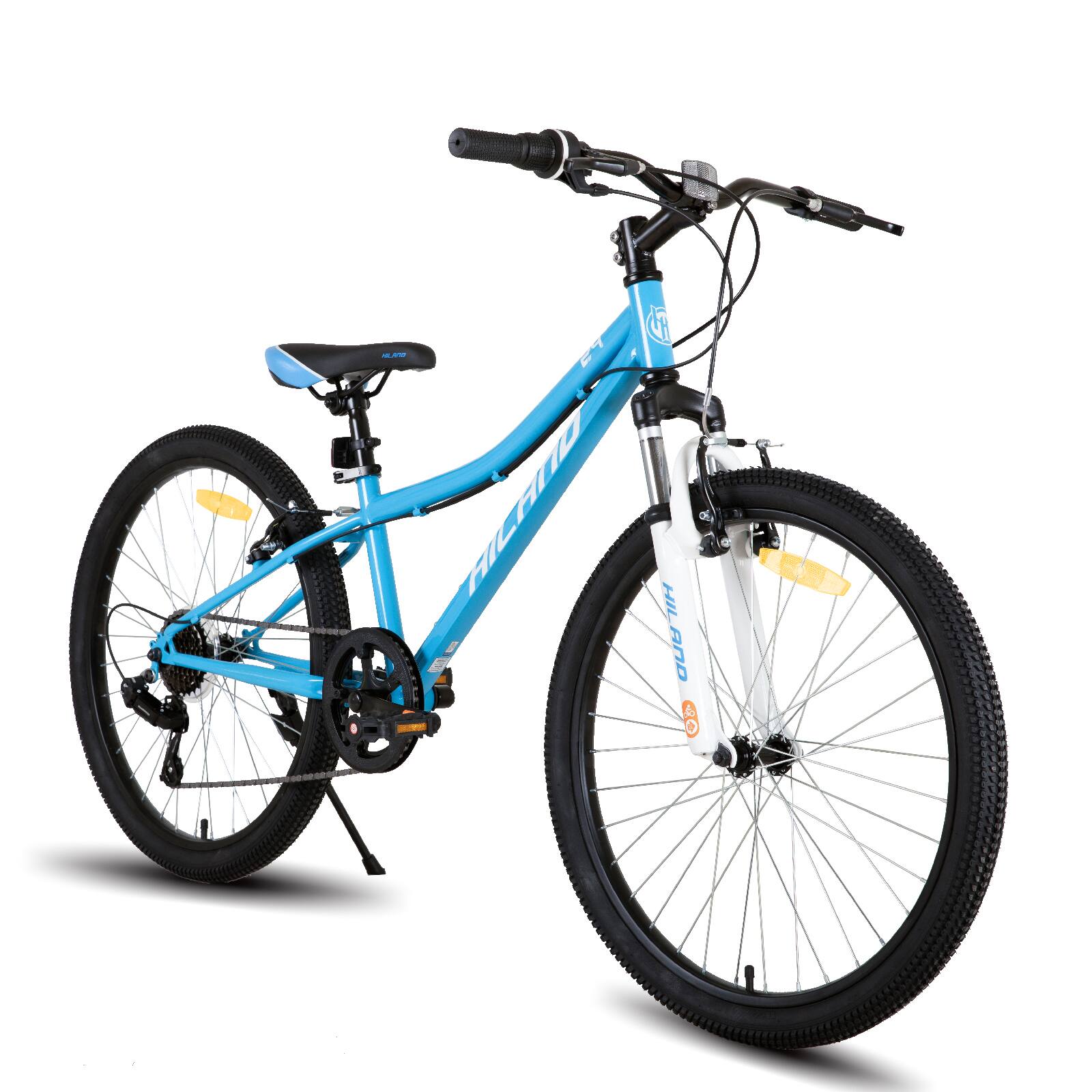 HILAND - 24 Inch Mountain Bike for Boy Girl with Suspension Fork, 7-Speed Kids' MTB Bicycle - Blue
