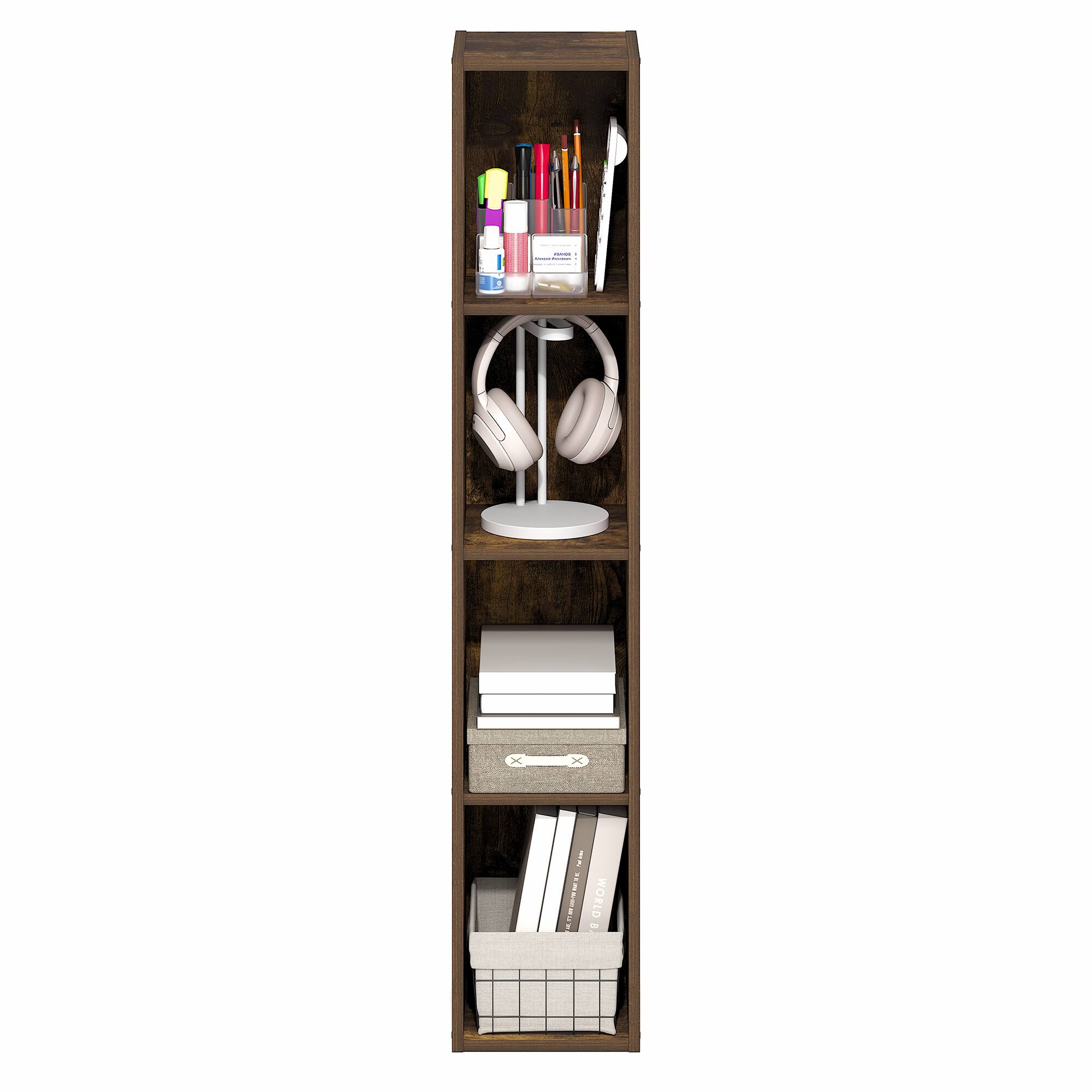 Alt View 4. Furinno - FULDA Book Shelf, 4-Tier Narrow Bookshelf, Standing Bookcase with 8-In Width Storage Shelf, 9.3 x 7.9 x 41.6 - Amber Pine.