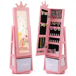 Costway - Kids Jewelry Cabinet with Full-Length Mirror Foldable Drawer Anti-toppling System - Pink