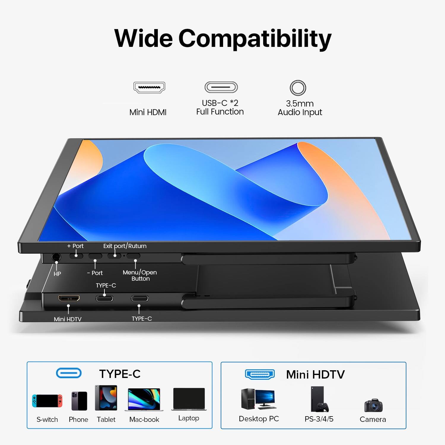 Wide Compatibility Mini HDMI USB-C *2 Full Function 3.5mm Audio Input + Port Exit port/Ruturn HP Port Menu/Open Button TYPE-C Mini HDTV TYPE-C Mini HDTV S-witch Phone Tablet Mac-book Laptop Desktop PC PS-3/4/5 Camera