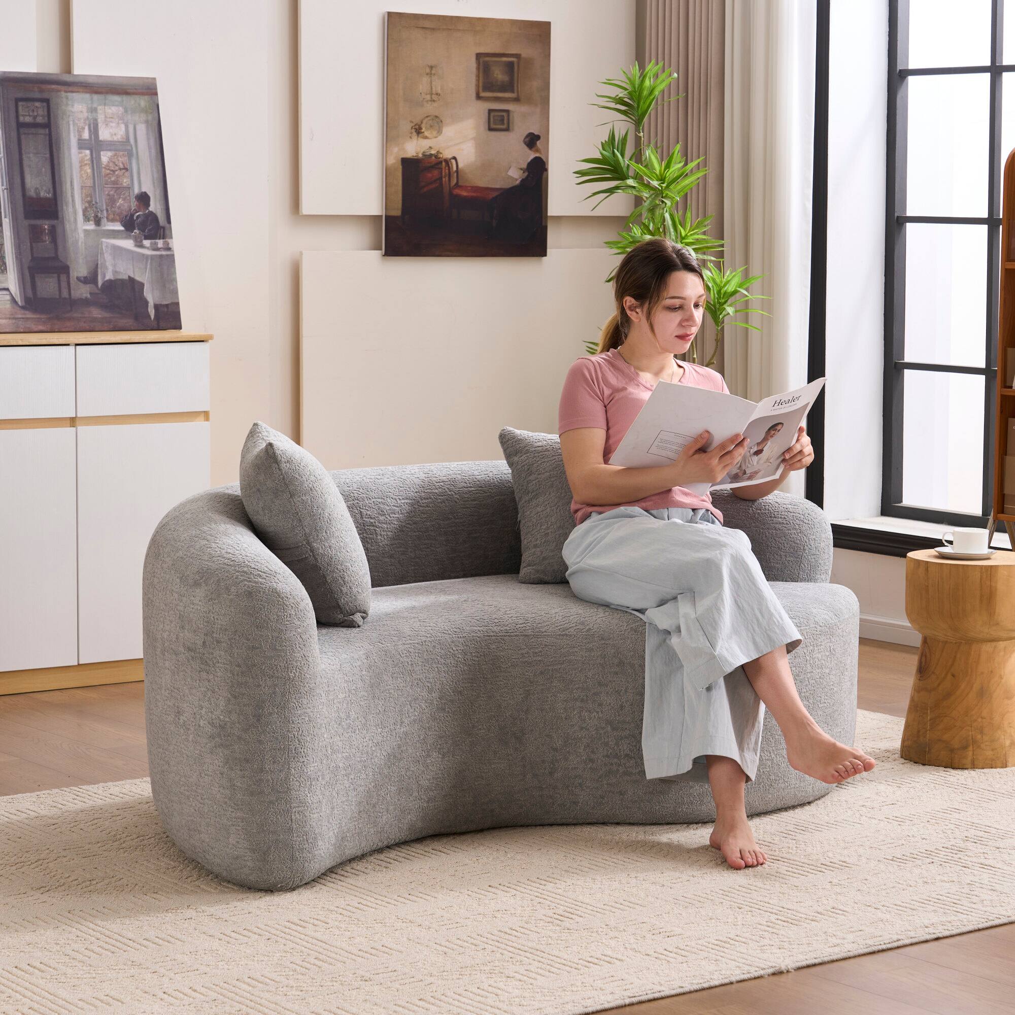 Alt View 5. GOODSILO - S-Curved Sectional Sofa with Dual-Depth Seating, Luxurious Chenille Upholstery, and Space-Saving Design - Light Gray.