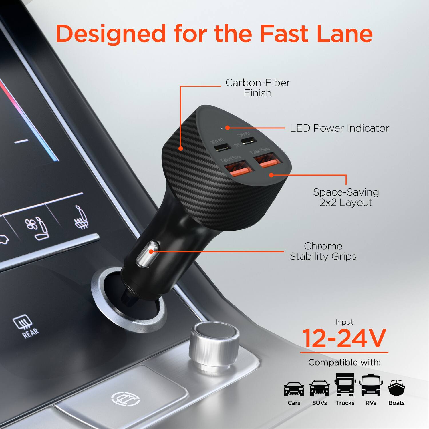 Designed for the Fast Lane  
Carbon-Fiber Finish  
LED Power Indicator  
Space-Saving 2x2 Layout  
Chrome Stability Grips  
12-24V Input  
Compatible with: Cars, SUVs, Trucks, RVs, Boats