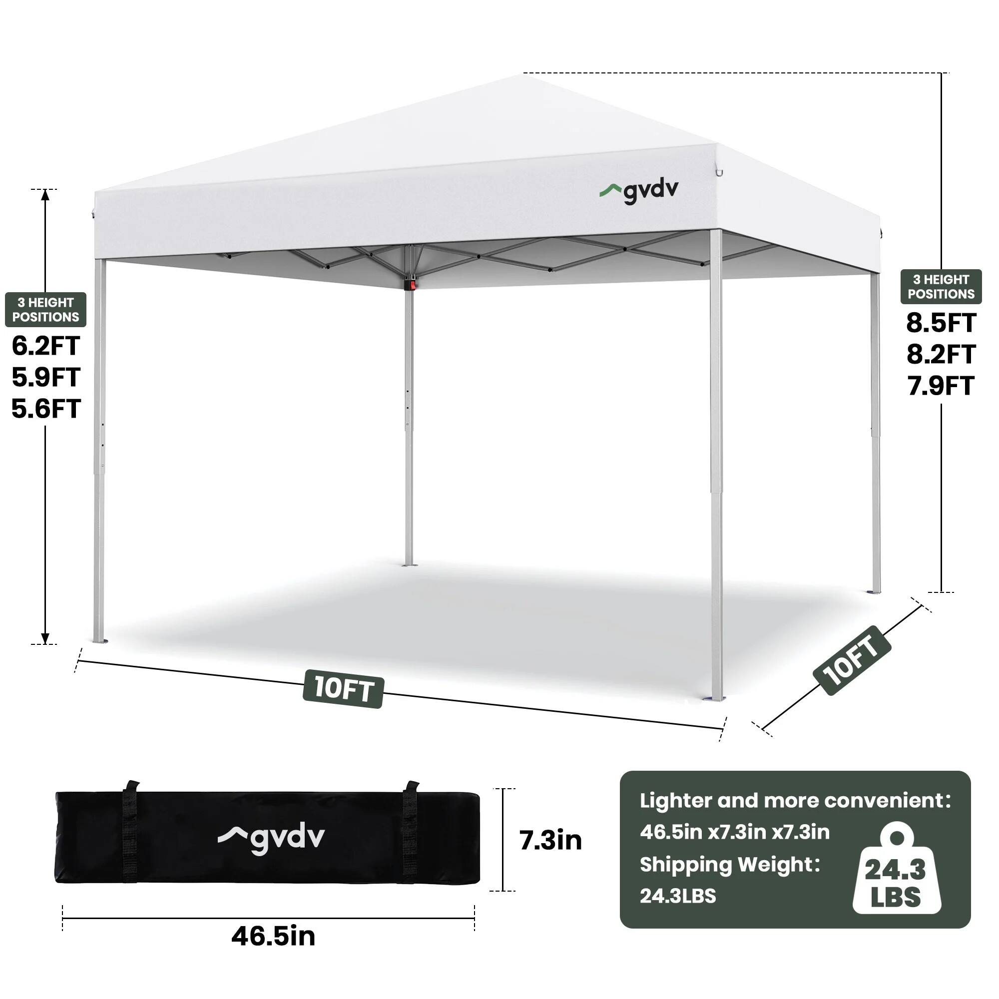 gvdv

3 HEIGHT POSITIONS 6.2FT 5.9FT 5.6FT
3 HEIGHT POSITIONS 8.5FT 8.2FT 7.9FT
10FT
10FT
gvdv 46.5in
7.3in
Lighter and more convenient: 46.5in x7.3in x7.3in Shipping Weight: 24.3LBS
