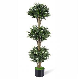 Gymax - 51'' Artificial Triple Ball Boxwood Topiary Tree w/ 59 Blossoms for Porch Home Green & Black - White