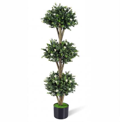 Front. Gymax - Gymax 51'' Artificial Triple Ball Boxwood Topiary Tree w/ 59 Blossoms for Porch Home Green & Black & White - White.