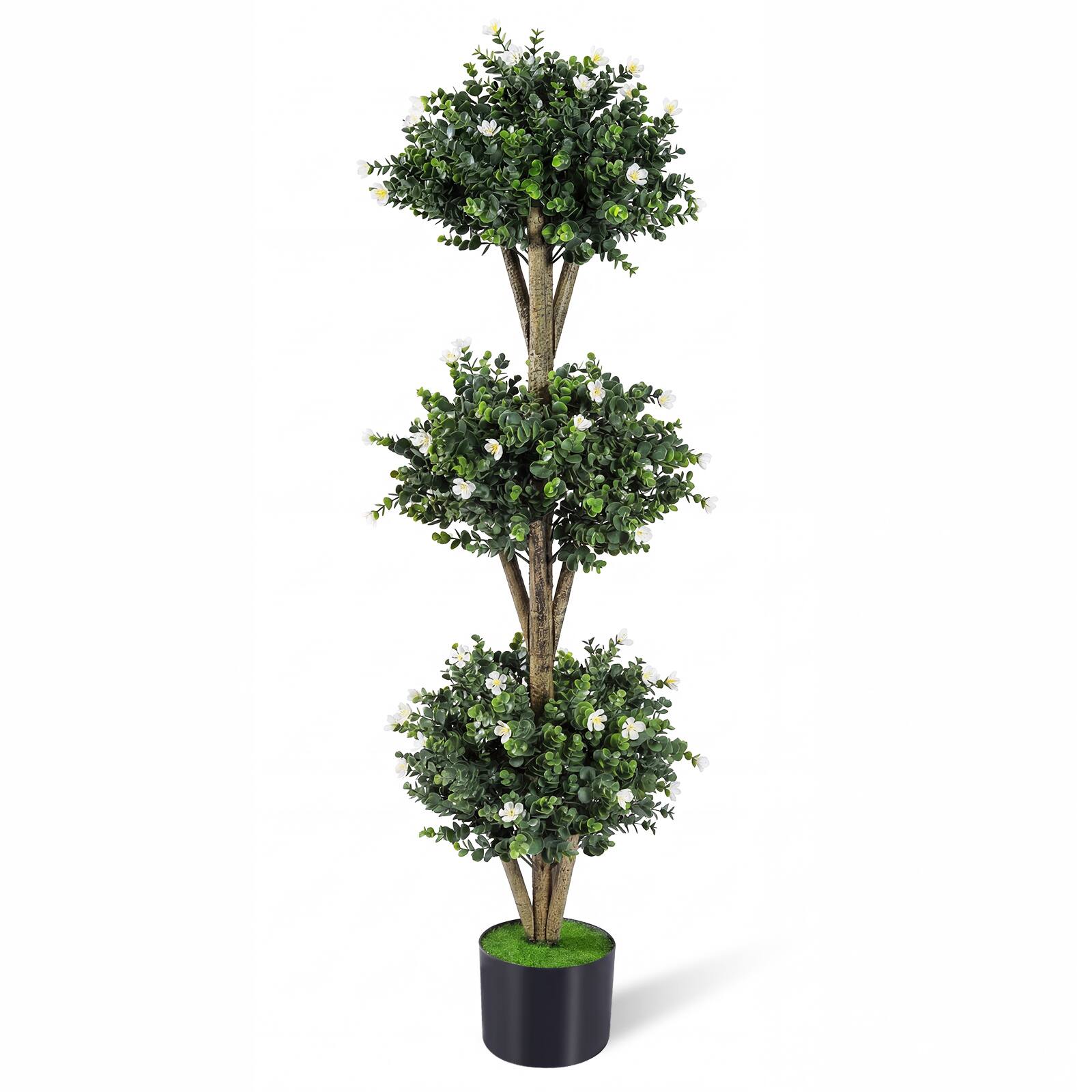 Front. Gymax - Gymax 51'' Artificial Triple Ball Boxwood Topiary Tree w/ 59 Blossoms for Porch Home Green & Black & White - White.