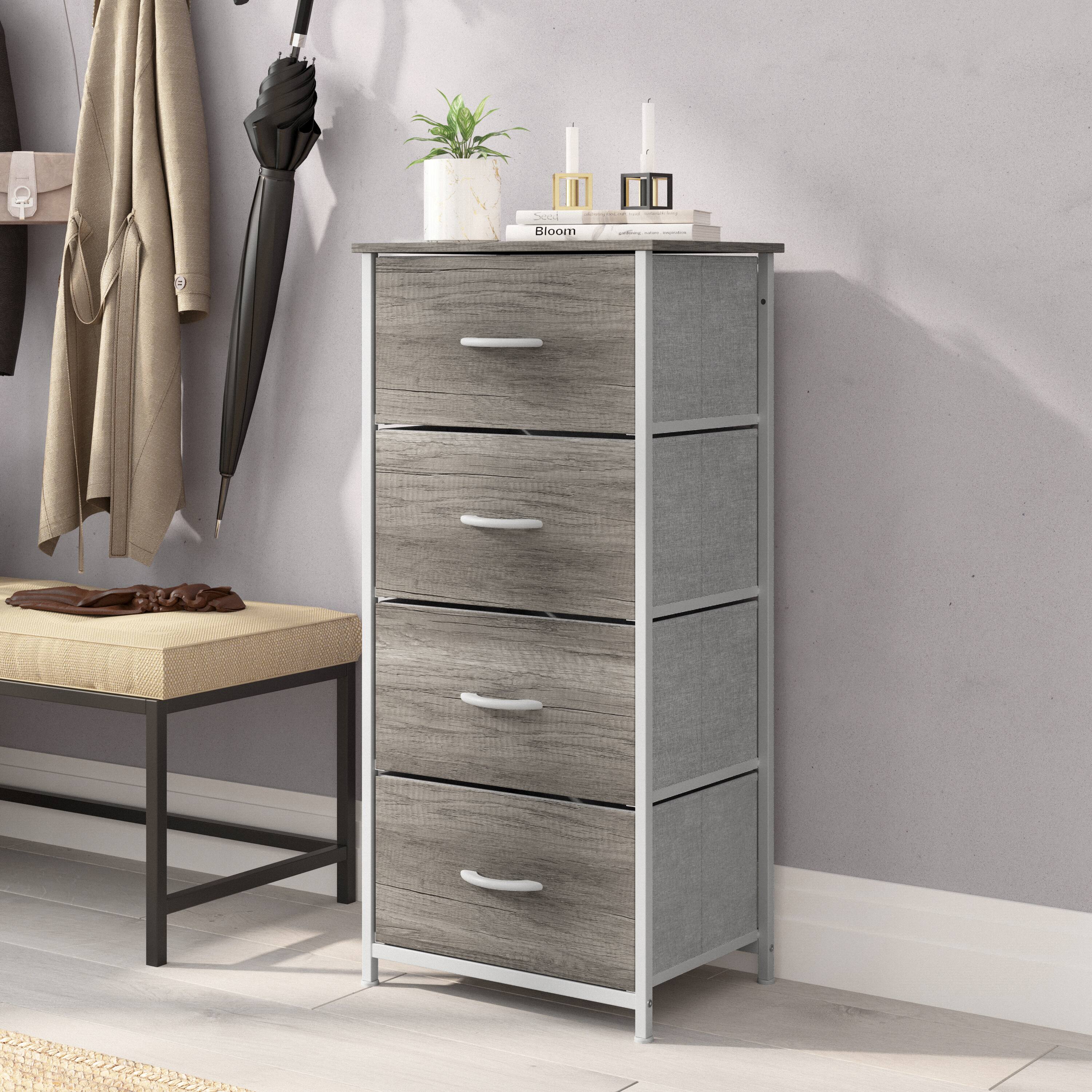 Alt View 1. Emma + Oliver - Marley 4 Drawer Storage Dresser with Cast Iron Frame, Wood Top and Easy Pull Engineered Wood Drawers with Wooden Handles - Light Natural Drawers/White Frame.