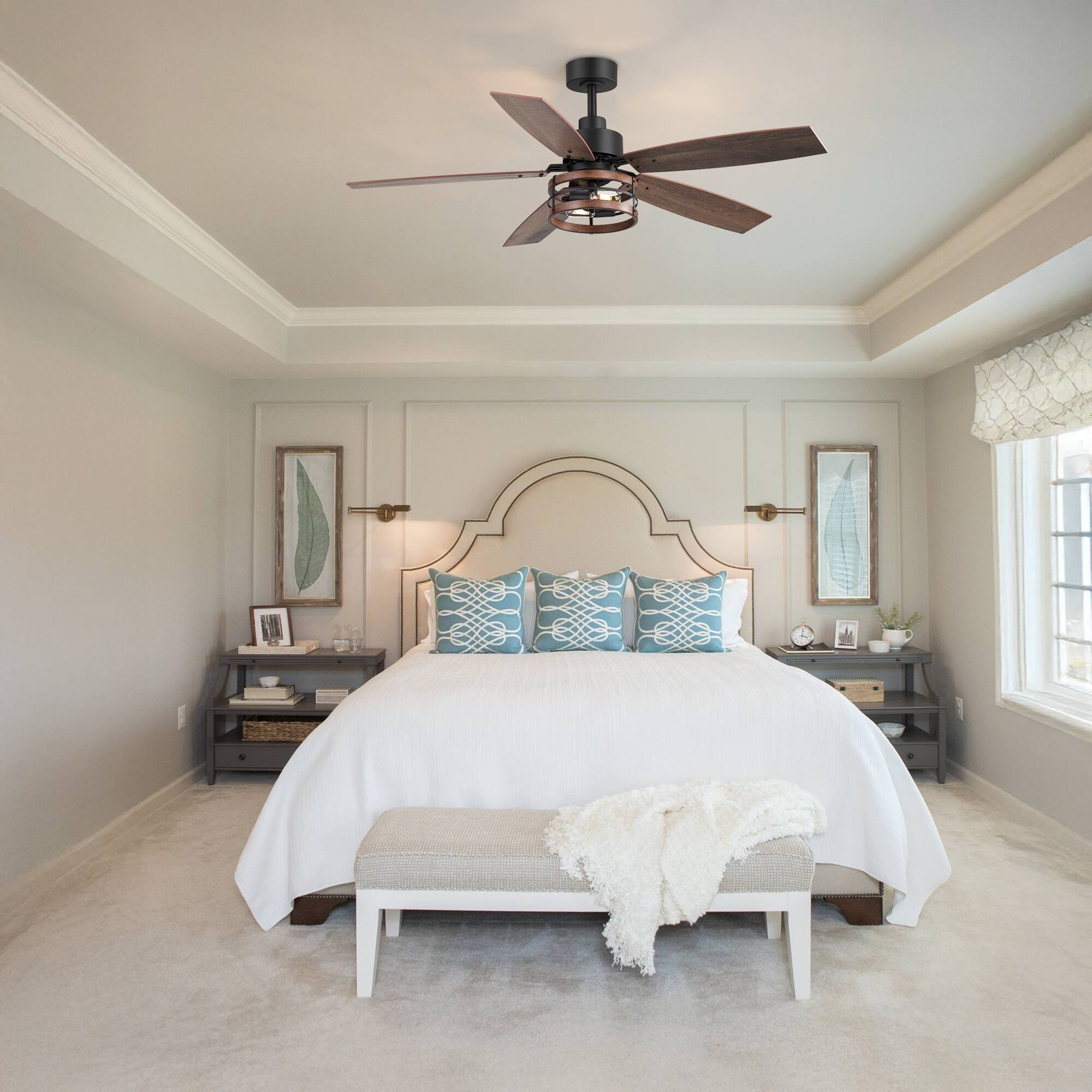 Alt View 1. Breezary - 52'' Walnut Wood Indoor Ceiling Fan with Two-Tier Iron-Ring Lantern Shade, Timer, DC Motor, Remote & 6″ Downrod - Matte Black and Brown.