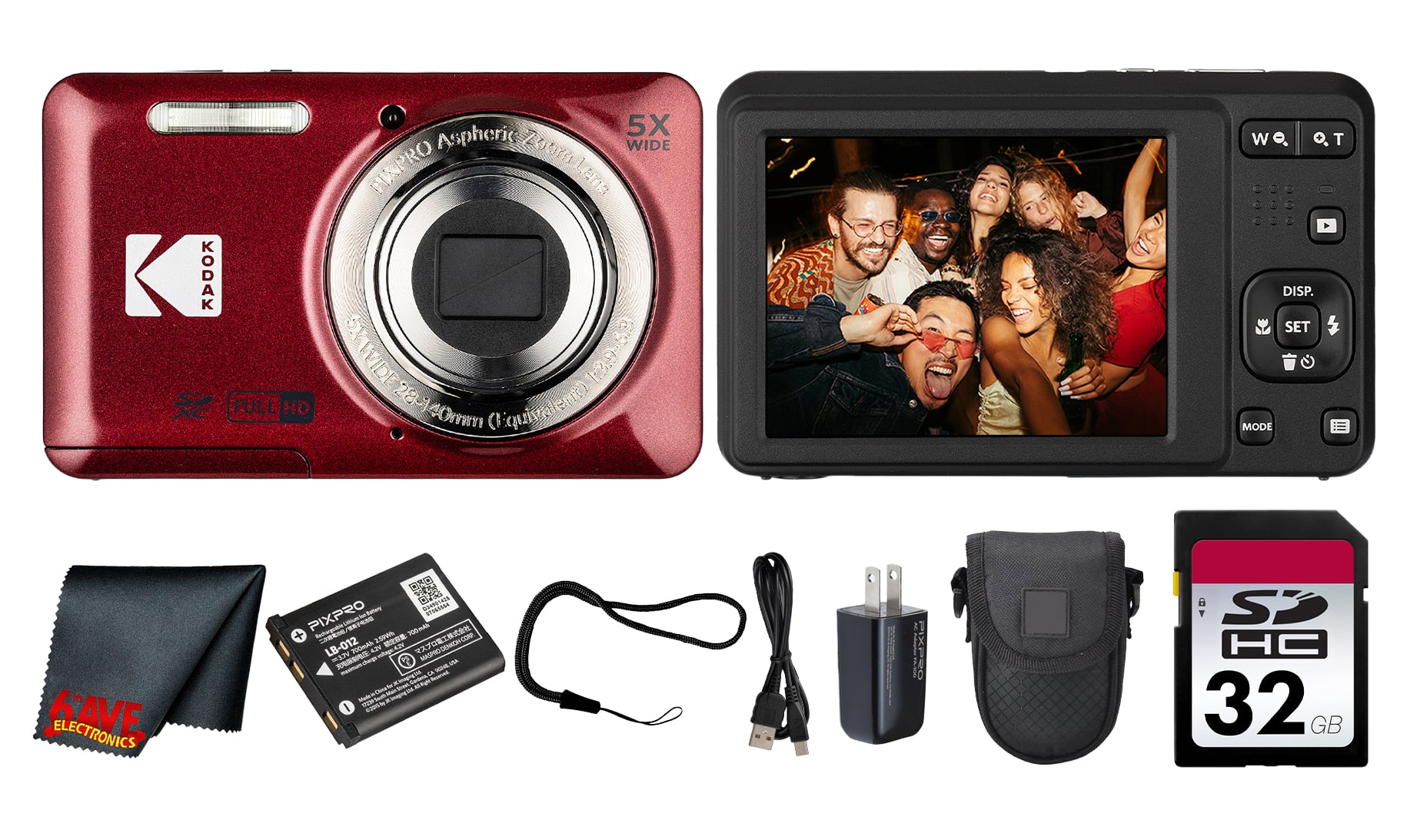 Kodak - PIXPRO FZ55 Digital Camera (Red) (FZ55RD) + 32GB Card + Case + Cleaning Cloth