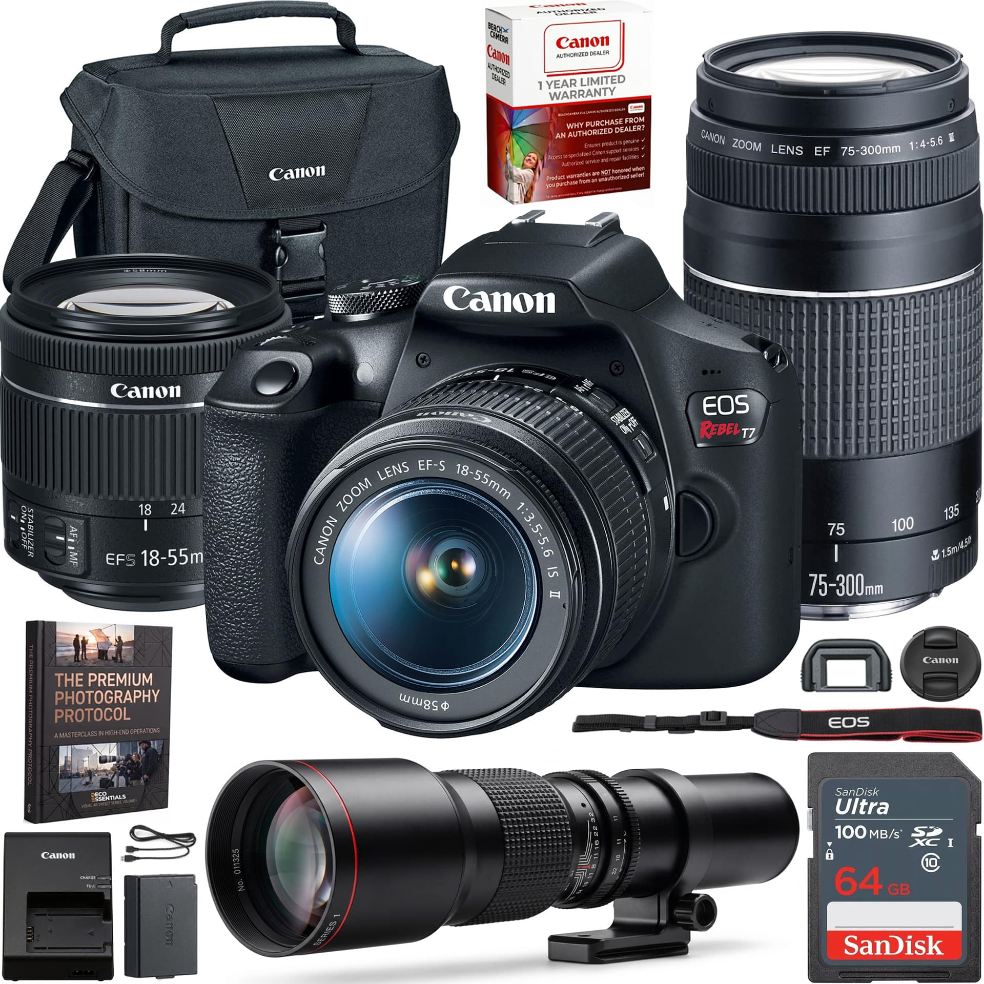 Canon  
COMME CHEETE SCHOLOGICALACIONE BEWORK CAMERA  
Canon Canon AUTHORIZED DEALER 0822. 1 YEAR LIMITED WARRANTY PURCHASE FROM WHY DEALER! AN AUTHORIZED Insue OF  
groich wamantion WT HOT tunded Product fice un unsuthrime  
CANON ZOOM 1:4-5.6 I LENS EF 75-300mm  
Canon  
OFF  
BILIZER  
AF: IME  
Canon 18 24 I EFS 18-55m  
LENS EF-S ZOOM 18-55mm CANON 1:3.5-5.6 IS II  
STALZER  
EOS REBEL T7  
135 75 100 | U 75-300mm  
THE PREMIUM PHOTOGRAPHY PROTOCOL MASTERCLASS 5 OPERATIONS 1  
58mm  
EOS  
Canon  
JOCO ESSENTIALS - SAN rus Canon CHANCE this  
Conon  
011325 No.  
SERIES  
SanDisk Ultra 100 MB/s SD XC I 64G GB