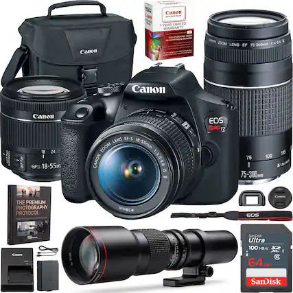 Canon
COMME CHEETE SCHOLOGICALACIONE BEWORK CAMERA
Canon Canon AUTHORIZED DEALER 0822. 1 YEAR LIMITED WARRANTY PURCHASE FROM WHY DEALER! AN AUTHORIZED Insue OF
groich wamantion WT HOT tunded Product fice un unsuthrime
CANON ZOOM 1:4-5.6 I LENS EF 75-300mm
Canon
OFF
BILIZER
AF: IME
Canon 18 24 I EFS 18-55m
LENS EF-S ZOOM 18-55mm CANON 1:3.5-5.6 IS II
STALZER
EOS REBEL T7
135 75 100 | U 75-300mm
THE PREMIUM PHOTOGRAPHY PROTOCOL MASTERCLASS 5 OPERATIONS 1
58mm
EOS
Canon
JOCO ESSENTIALS - SAN rus Canon CHANCE this
Conon
011325 No.
SERIES
SanDisk Ultra 100 MB/s SD XC I 64G GB