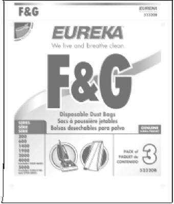 EUREKA  
We live and breathe clean  

F&G  
Disposable Dust Bags  
Sacs à poussière jetables  
Bolsas desechables para polvo  

DENNI 300  
PACK of 3  
CONTENIDO 3  

323208