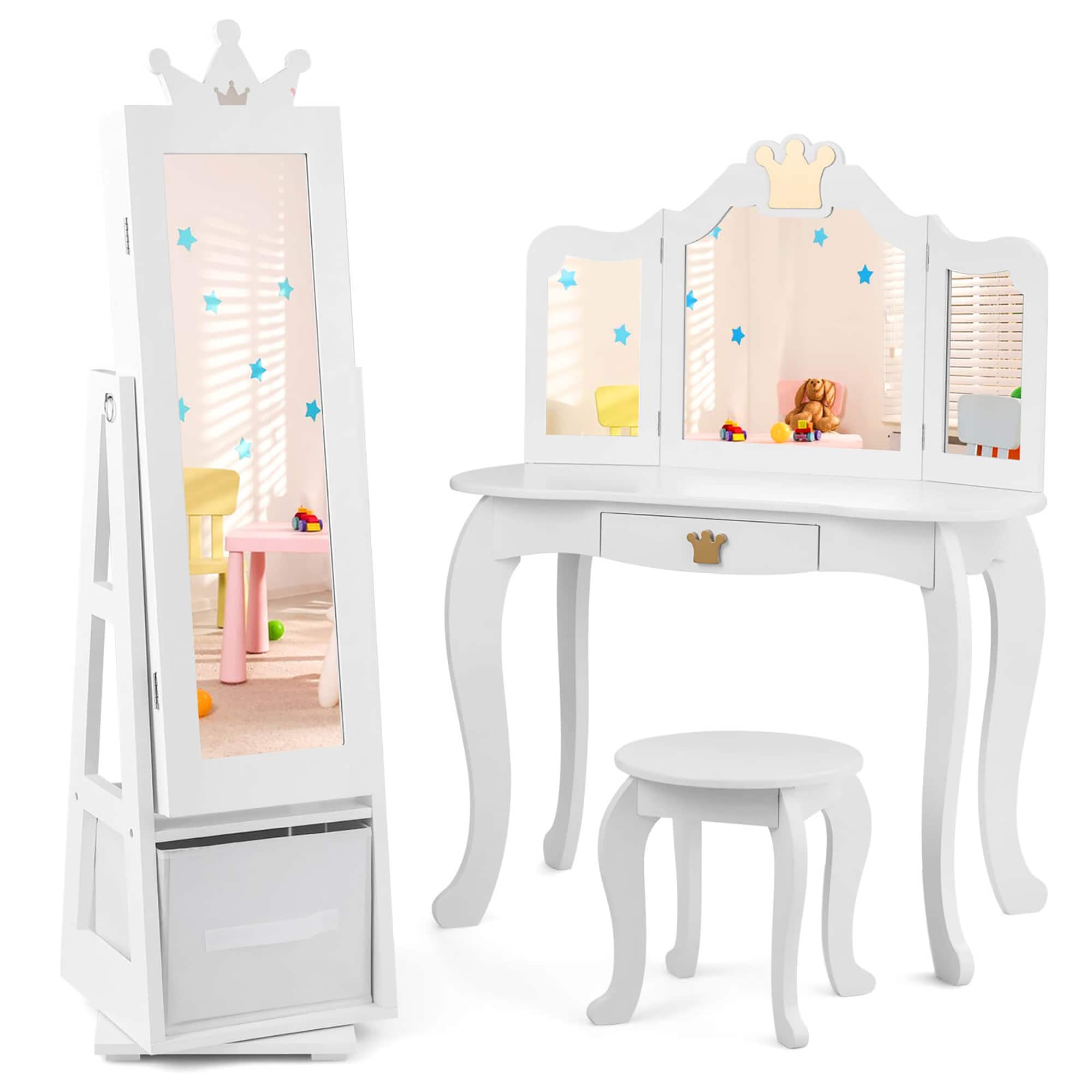 Gymax - Kids Vanity Set Princess Makeup Dressing Table & Chair Set w/ Jewelry Armoire - White price history on PriceWatchPro