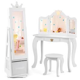 Gymax - Kids Vanity Set Princess Makeup Dressing Table & Chair Set w/ Jewelry Armoire - White