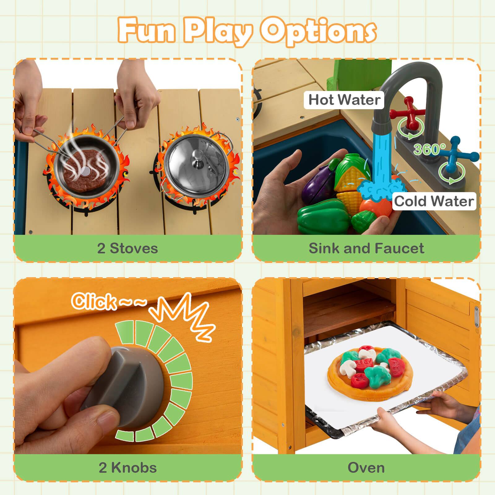 Fun Play Options

- 2 Stoves
- Sink and Faucet
  - Hot Water
  - Cold Water
  - 360°
- 2 Knobs
- Oven
