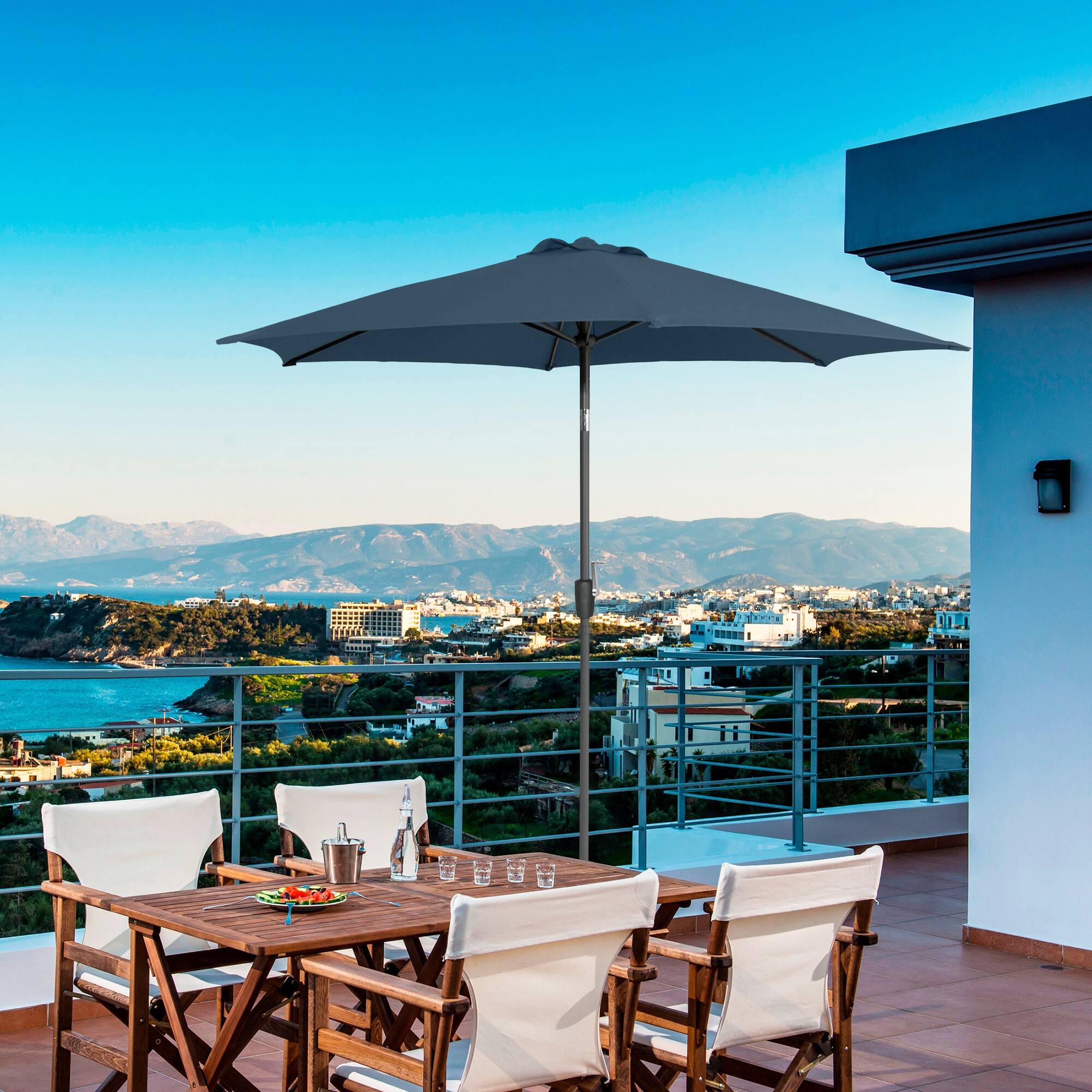 Alt View 1. Vaczon - 9' Outdoor Patio Umbrella with Crank Lift and 30° Tilt, UV50+ Market Umbrella with Steel Frame and Polyester - Dark blue-gray.